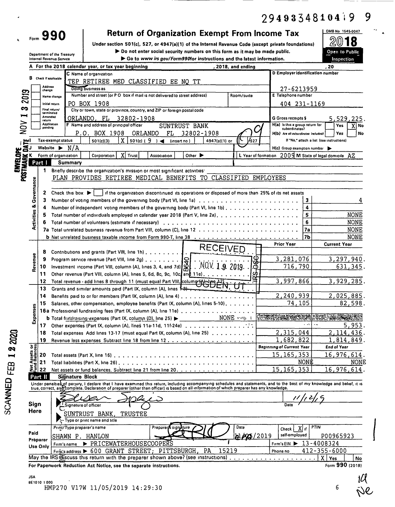 Image of first page of 2018 Form 990O for Tep Retiree Med Classified Ee NQ TT