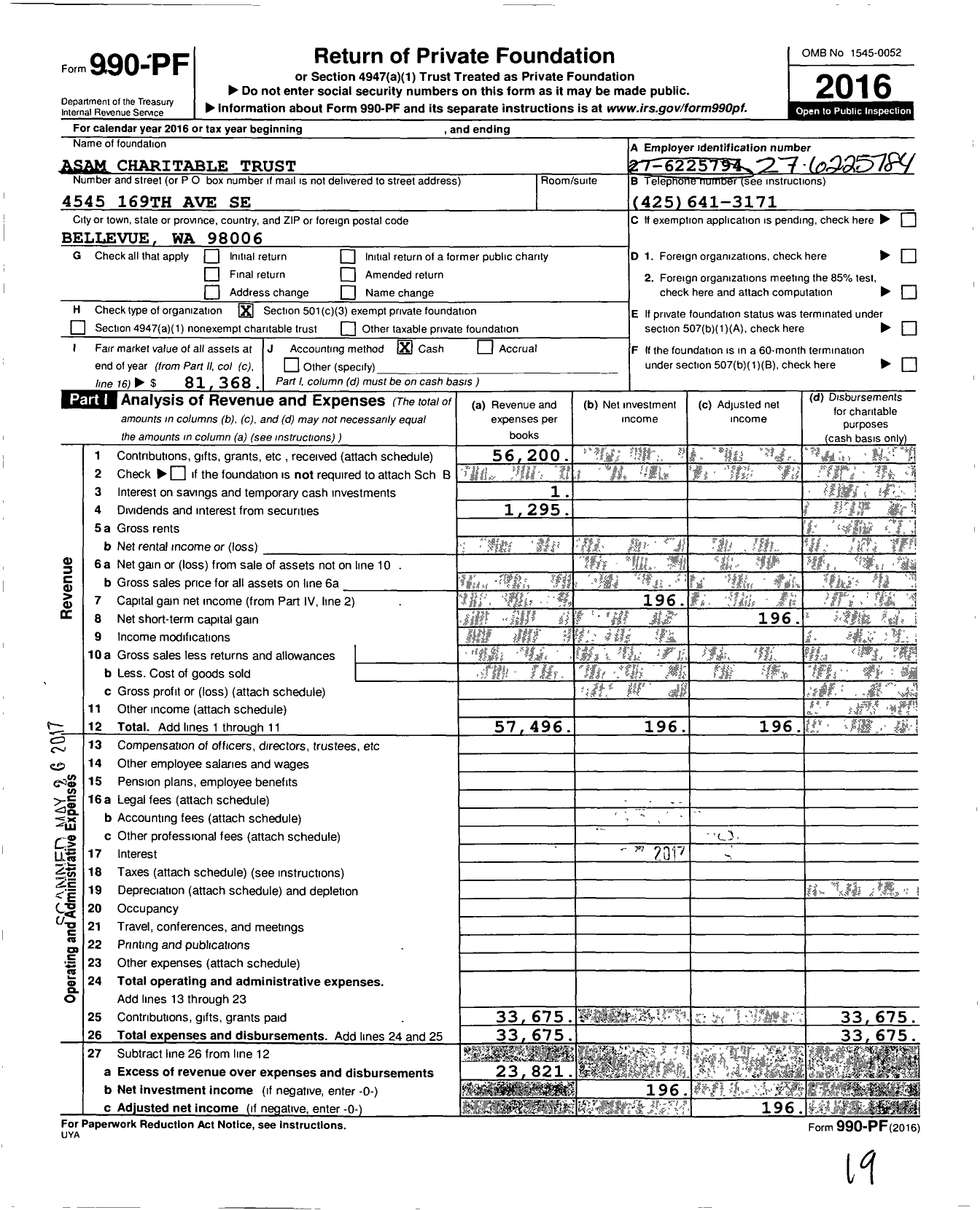 Image of first page of 2016 Form 990PF for Asam Charitable Trust