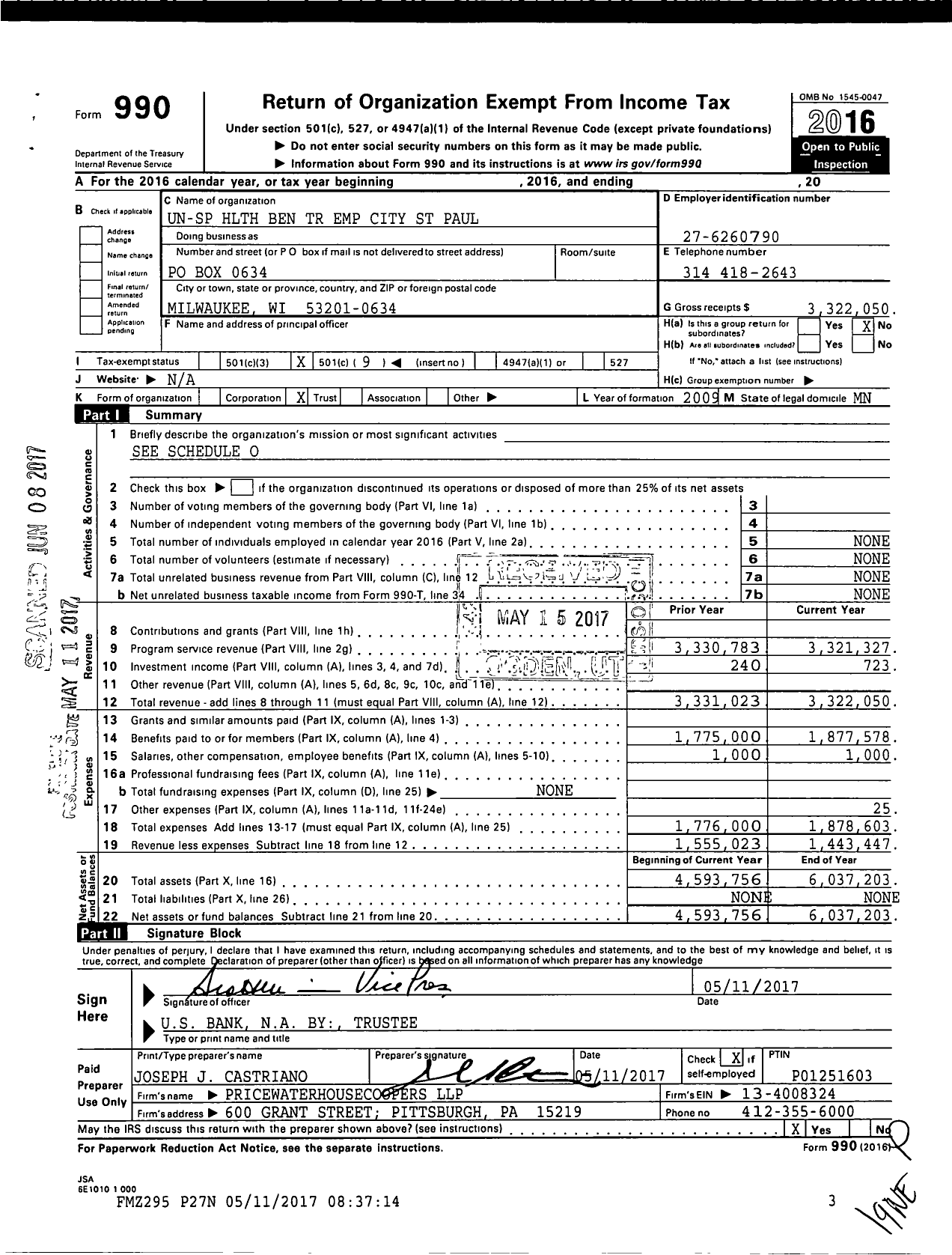 Image of first page of 2016 Form 990O for City of St Paul Health Reimbursement Arrangement