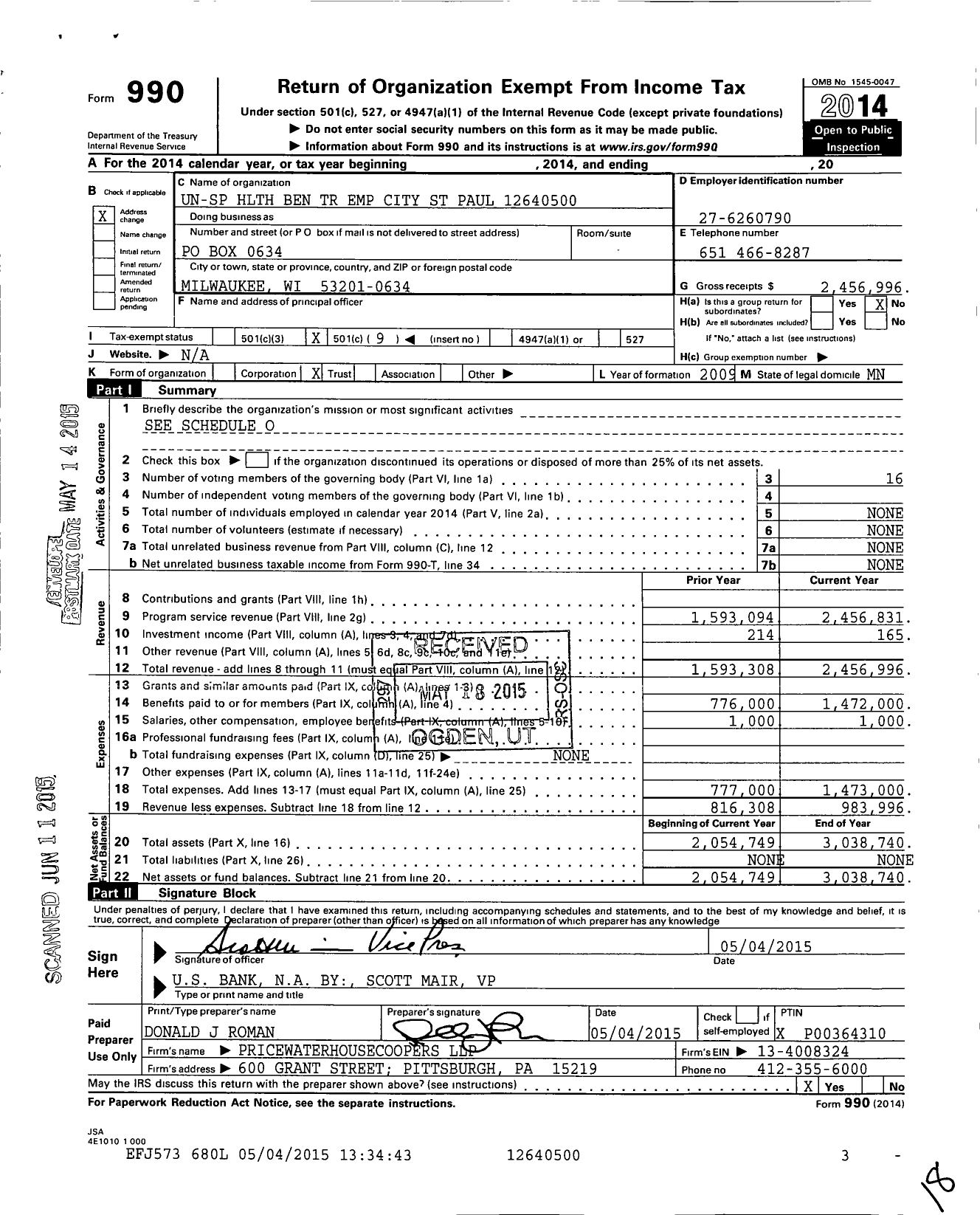Image of first page of 2014 Form 990O for City of St Paul Health Reimbursement Arrangement