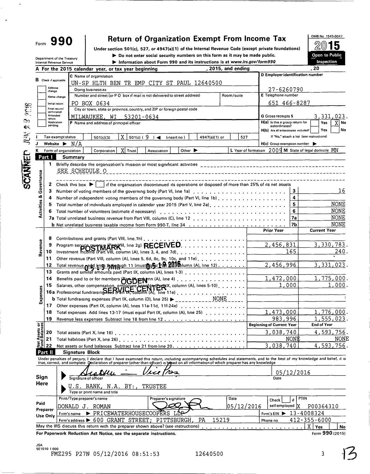 Image of first page of 2015 Form 990O for City of St Paul Health Reimbursement Arrangement