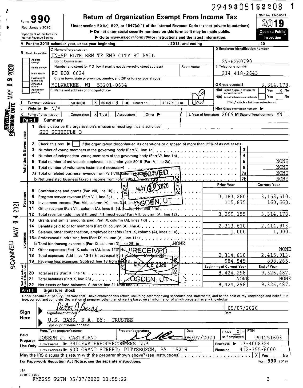 Image of first page of 2019 Form 990O for City of St Paul Health Reimbursement Arrangement