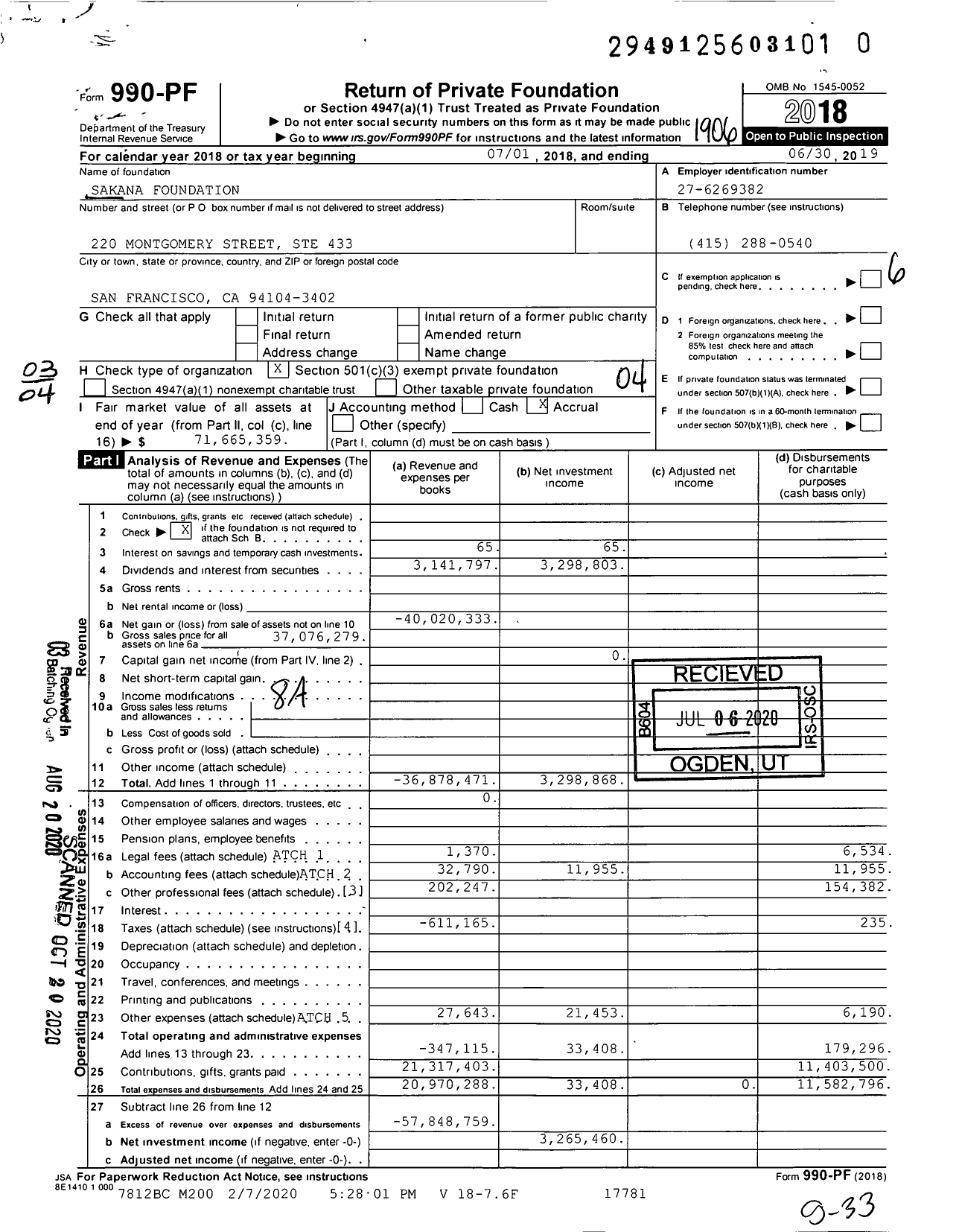 Image of first page of 2018 Form 990PR for Sakana Foundation