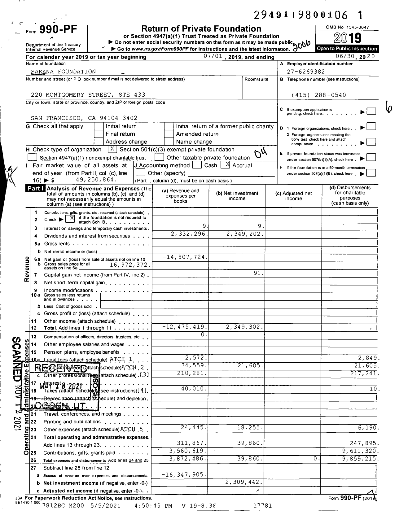 Image of first page of 2019 Form 990PF for Sakana Foundation