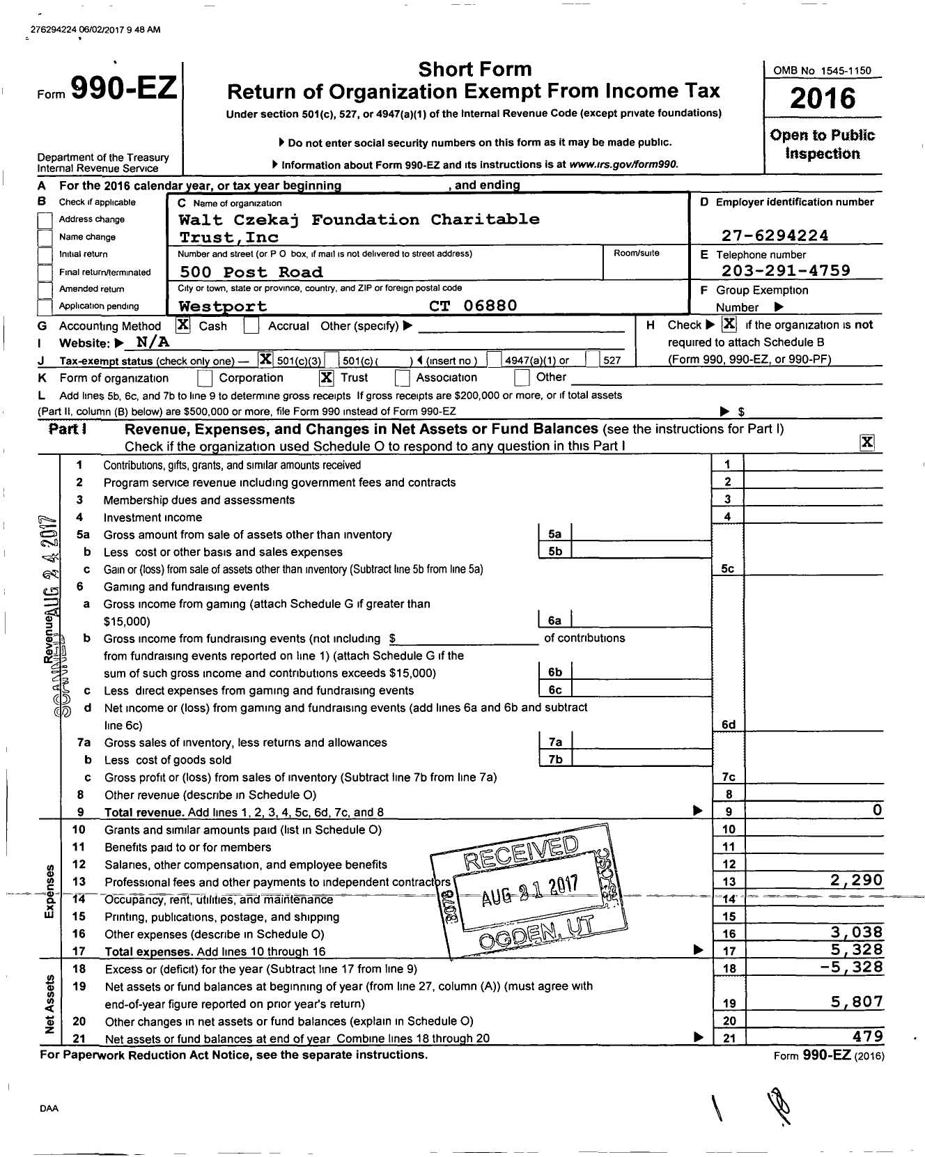 Image of first page of 2016 Form 990EZ for Walt Czekaj Foundation Charitable Trust