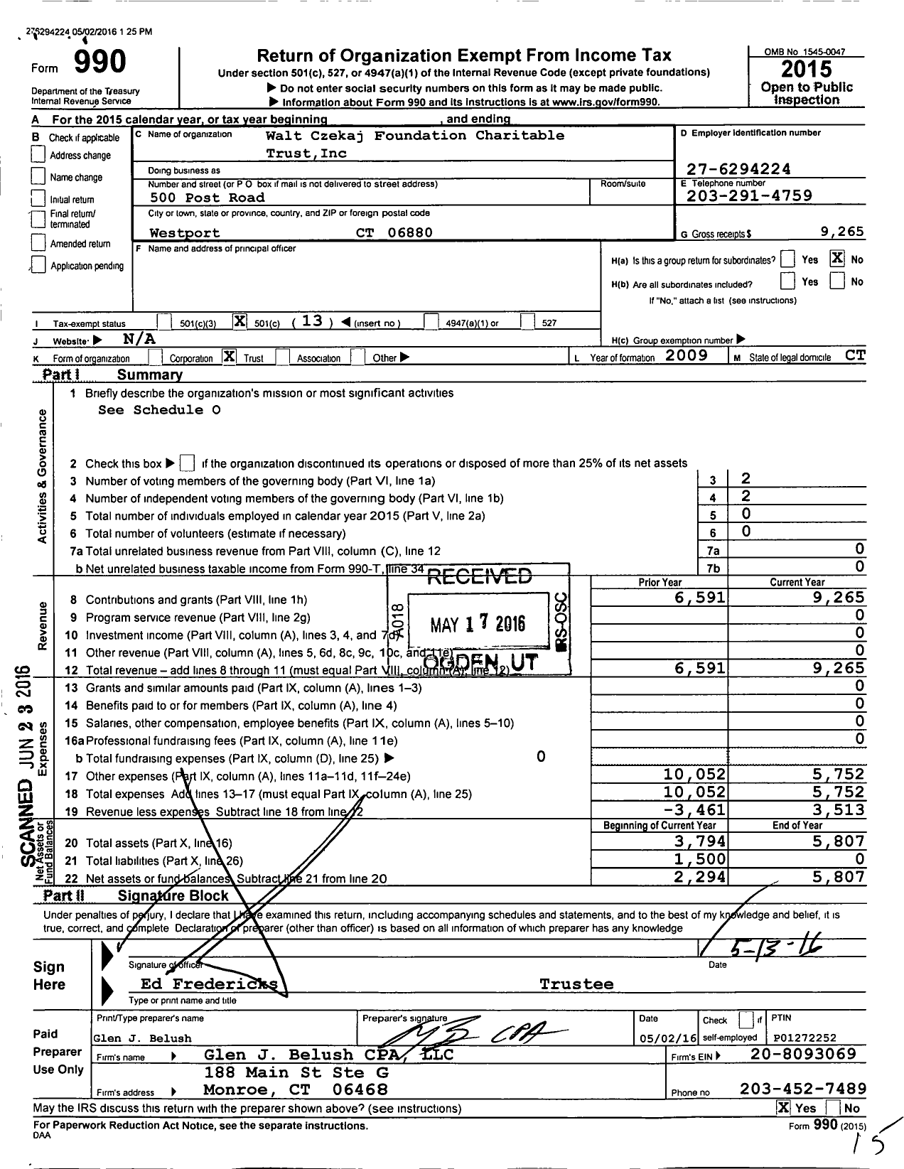 Image of first page of 2015 Form 990O for Walt Czekaj Foundation Charitable Trust