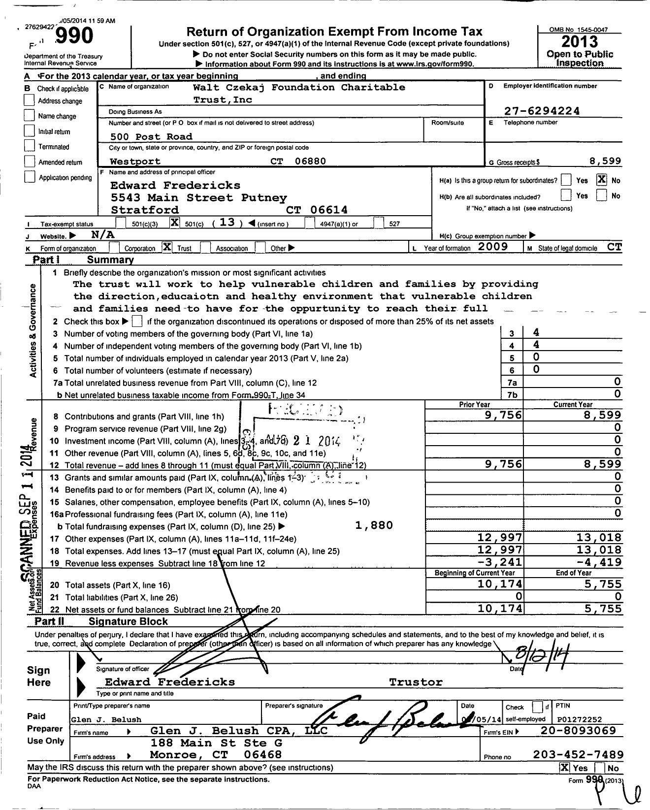 Image of first page of 2013 Form 990O for Walt Czekaj Foundation Charitable Trust