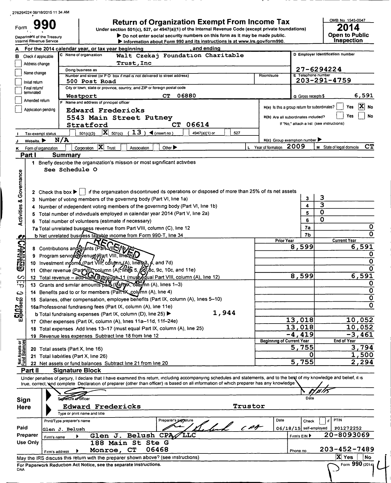 Image of first page of 2014 Form 990O for Walt Czekaj Foundation Charitable Trust