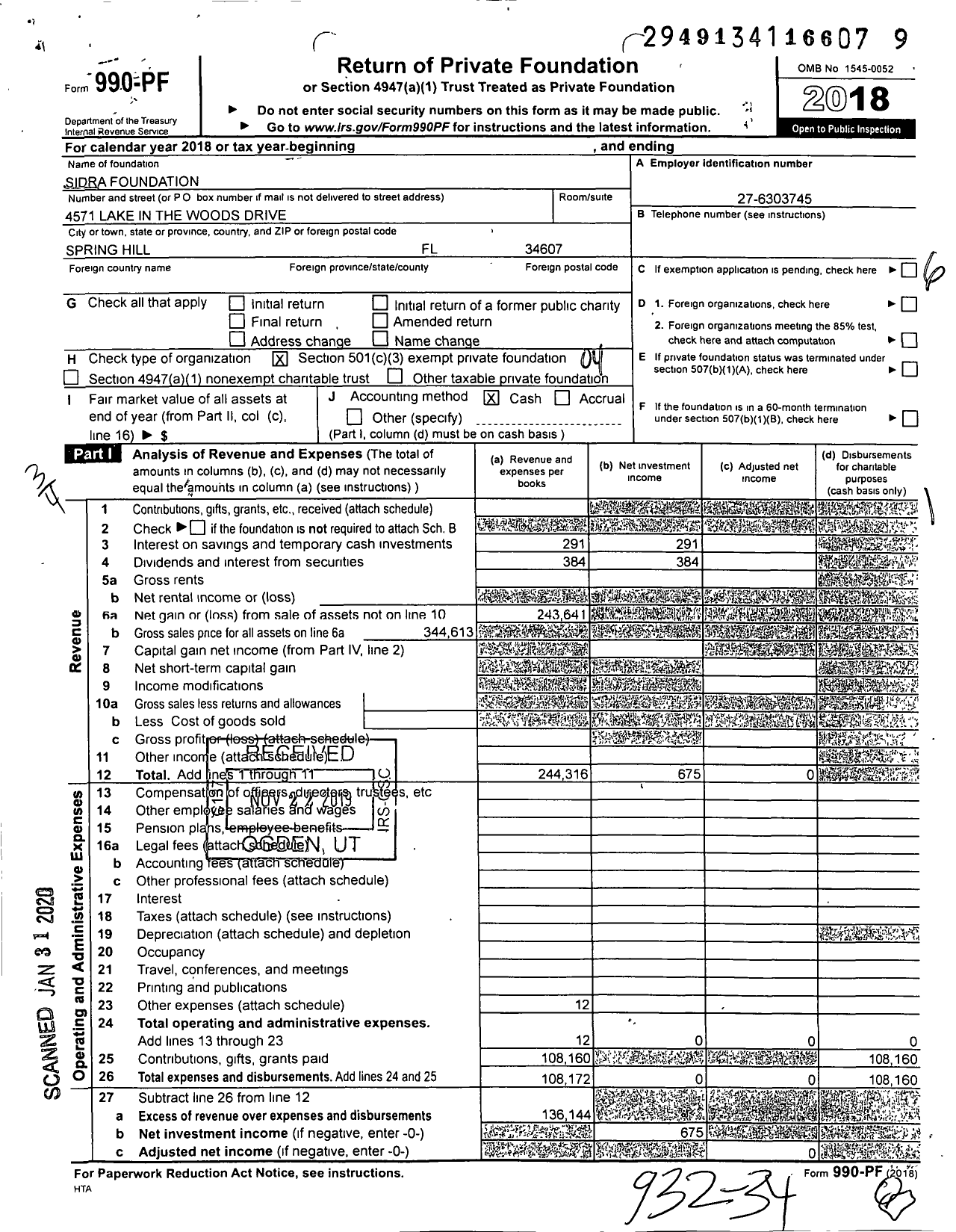 Image of first page of 2018 Form 990EZ for Sidra Foundation