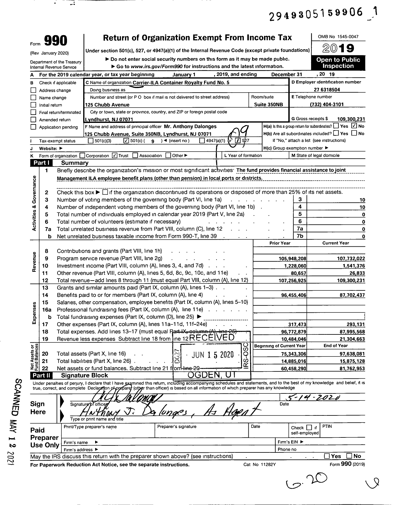 Image of first page of 2019 Form 990O for Carrier-ILA Container Royalty Fund No 5