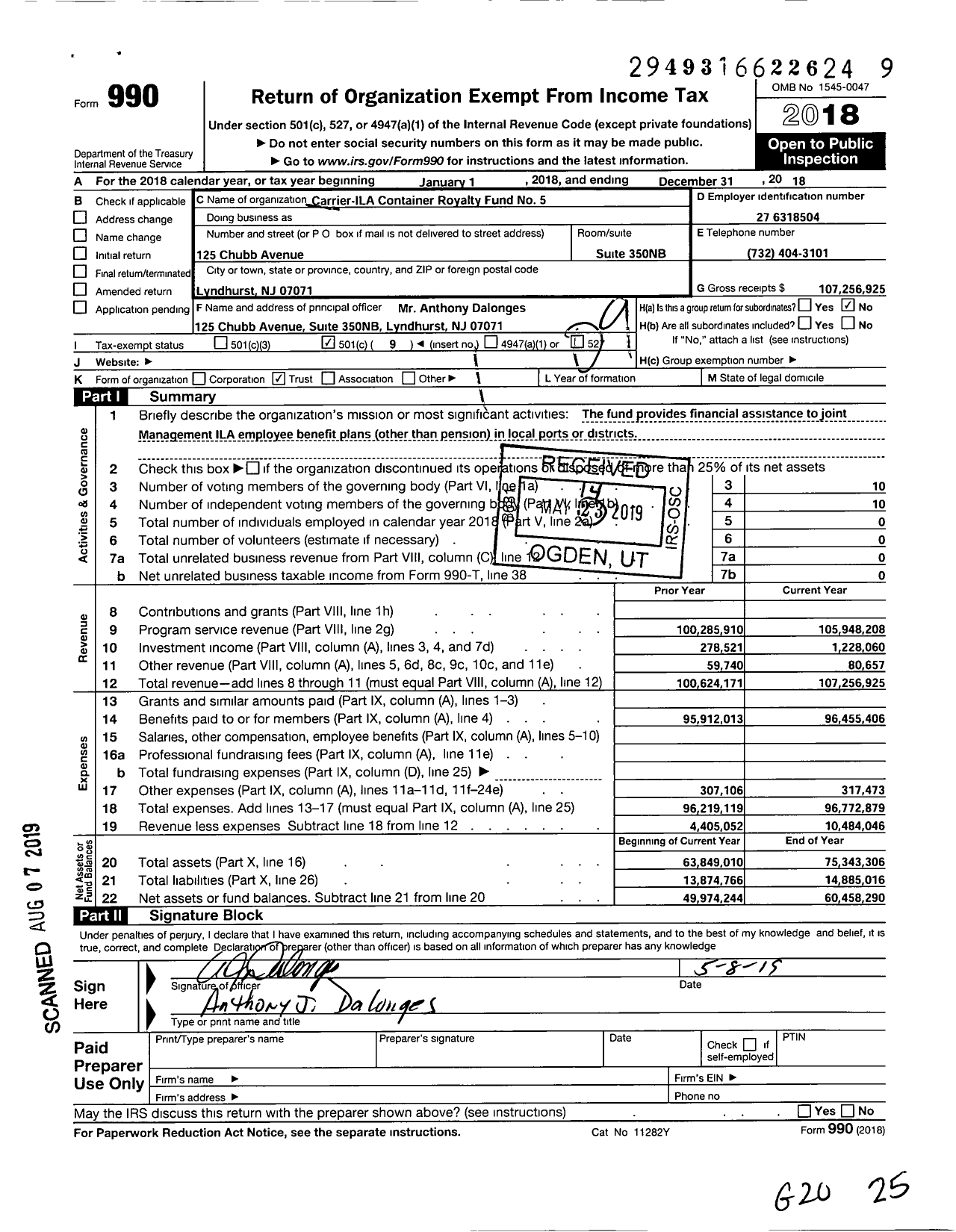 Image of first page of 2018 Form 990O for Carrier-ILA Container Royalty Fund No 5