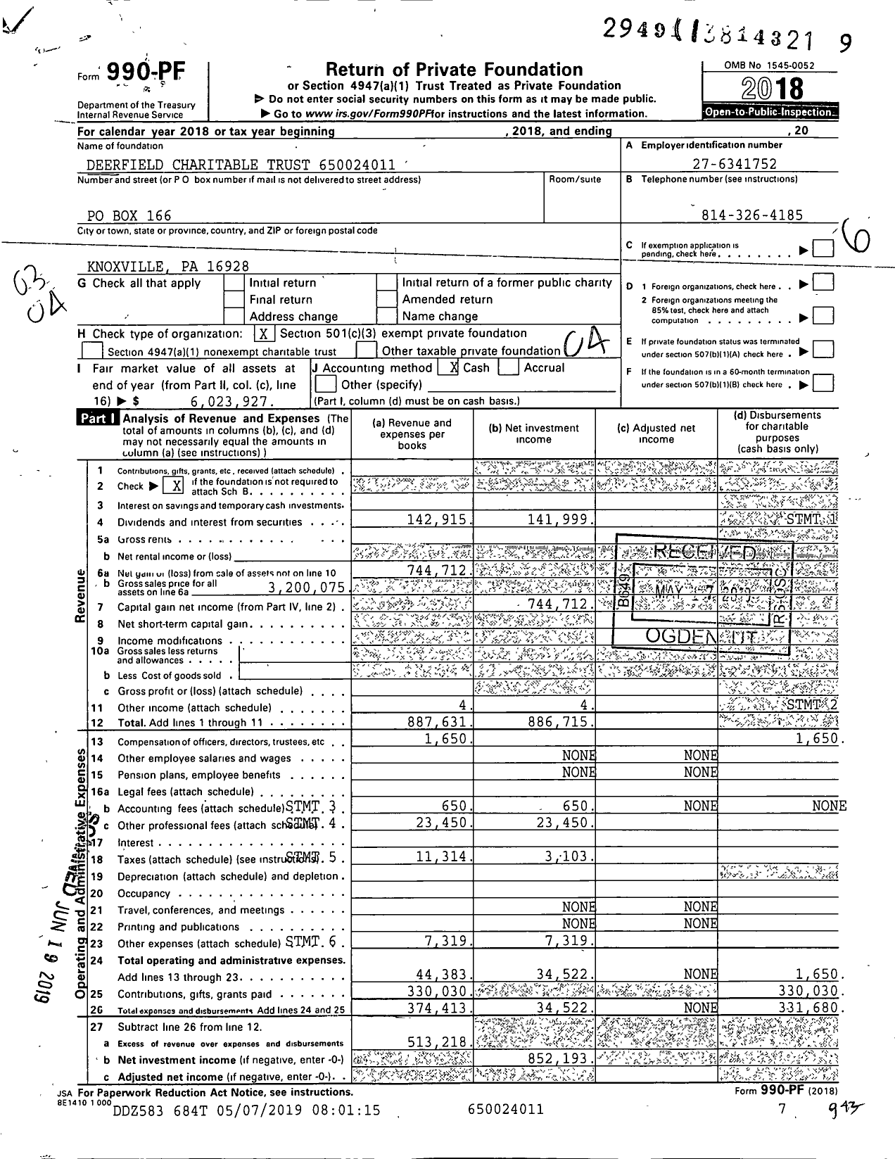 Image of first page of 2018 Form 990PF for Deerfield Charitable Trust