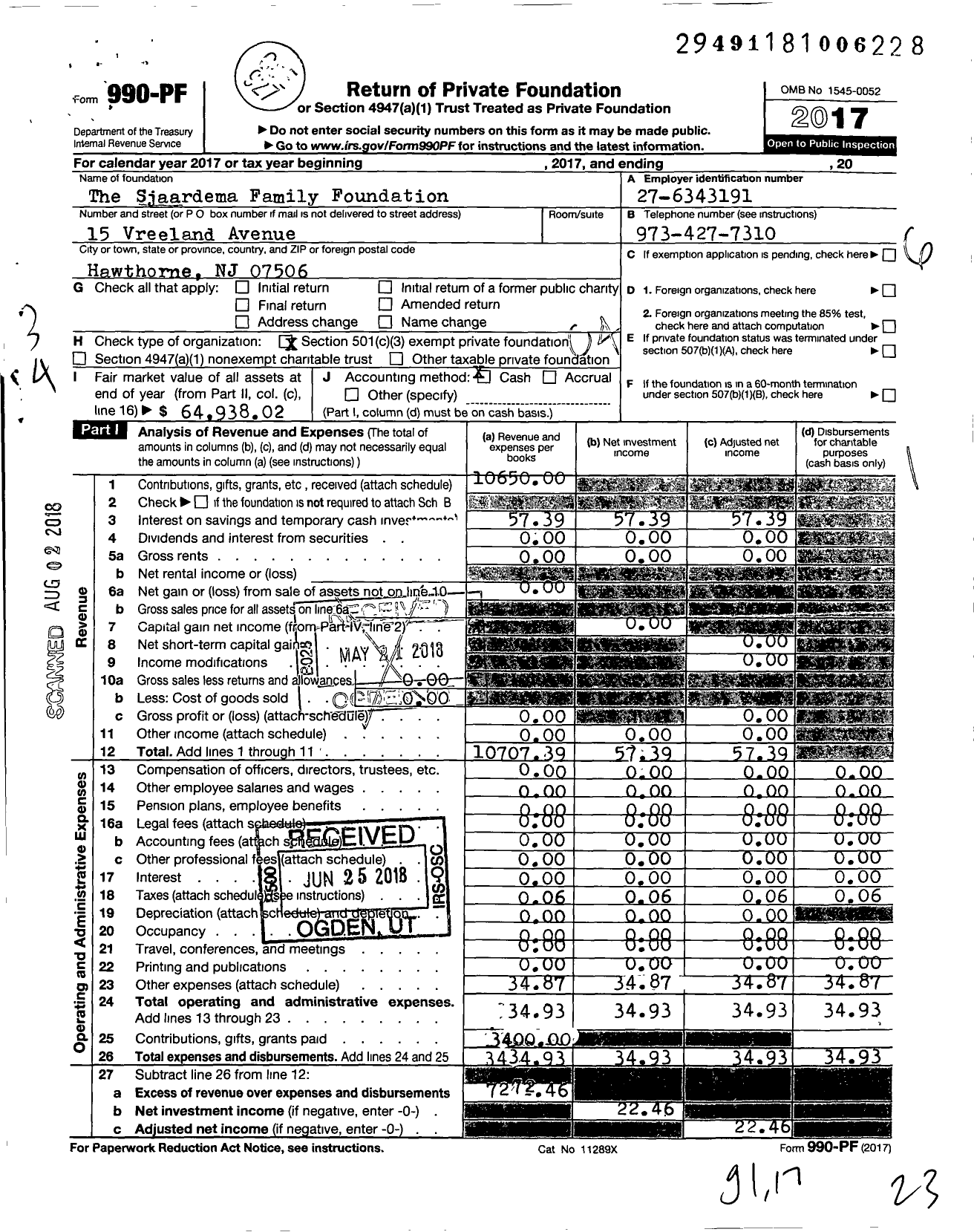 Image of first page of 2017 Form 990PF for The Sjaardema Family Foundation