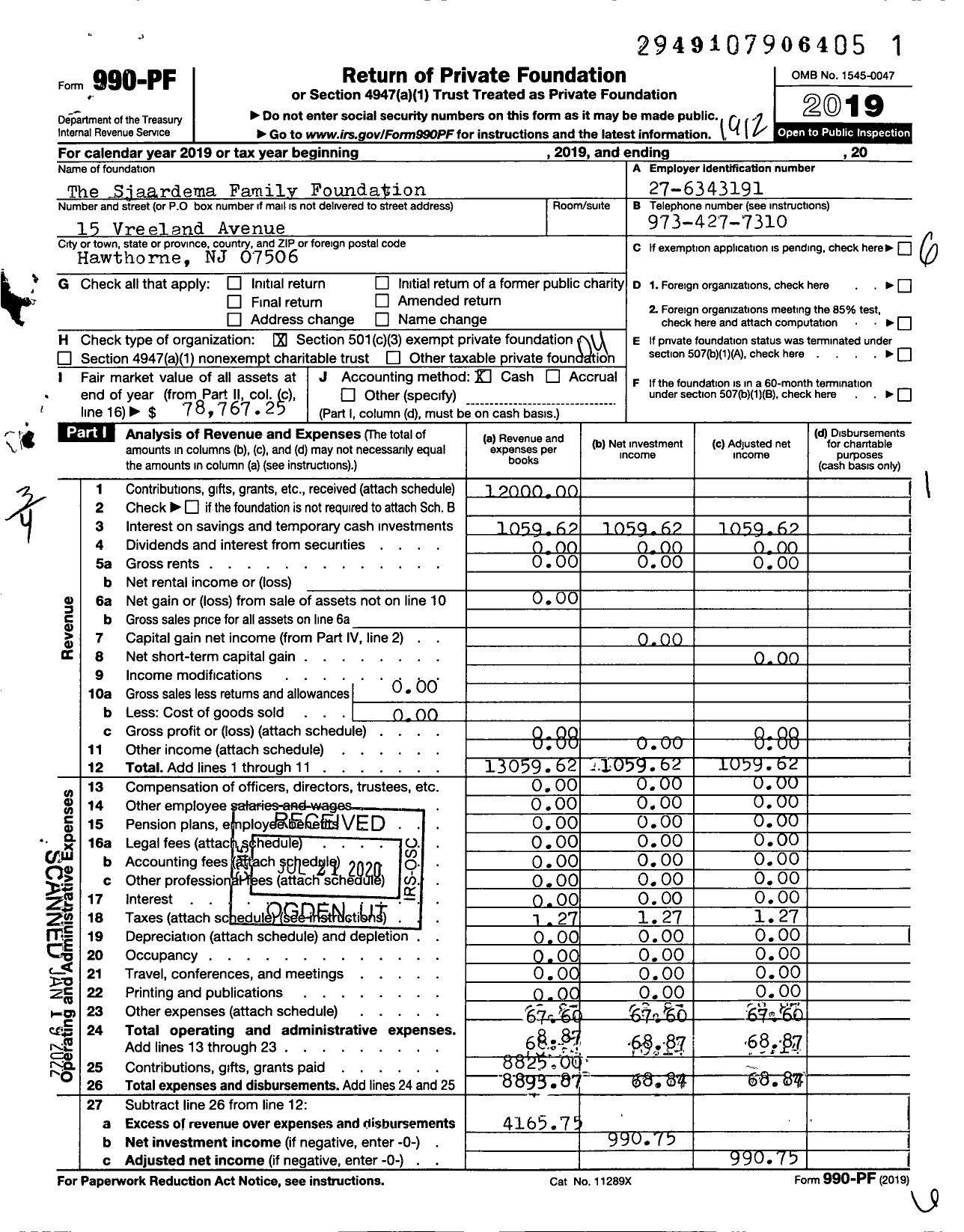 Image of first page of 2019 Form 990PF for The Sjaardema Family Foundation