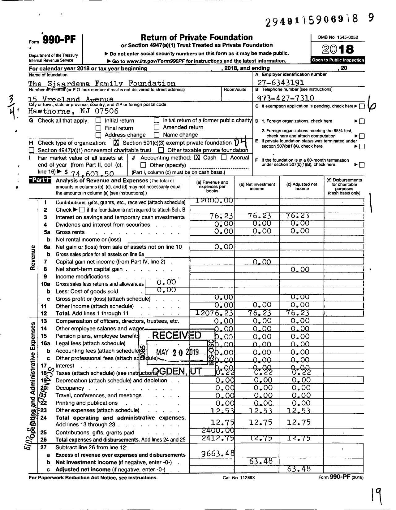 Image of first page of 2018 Form 990PF for The Sjaardema Family Foundation