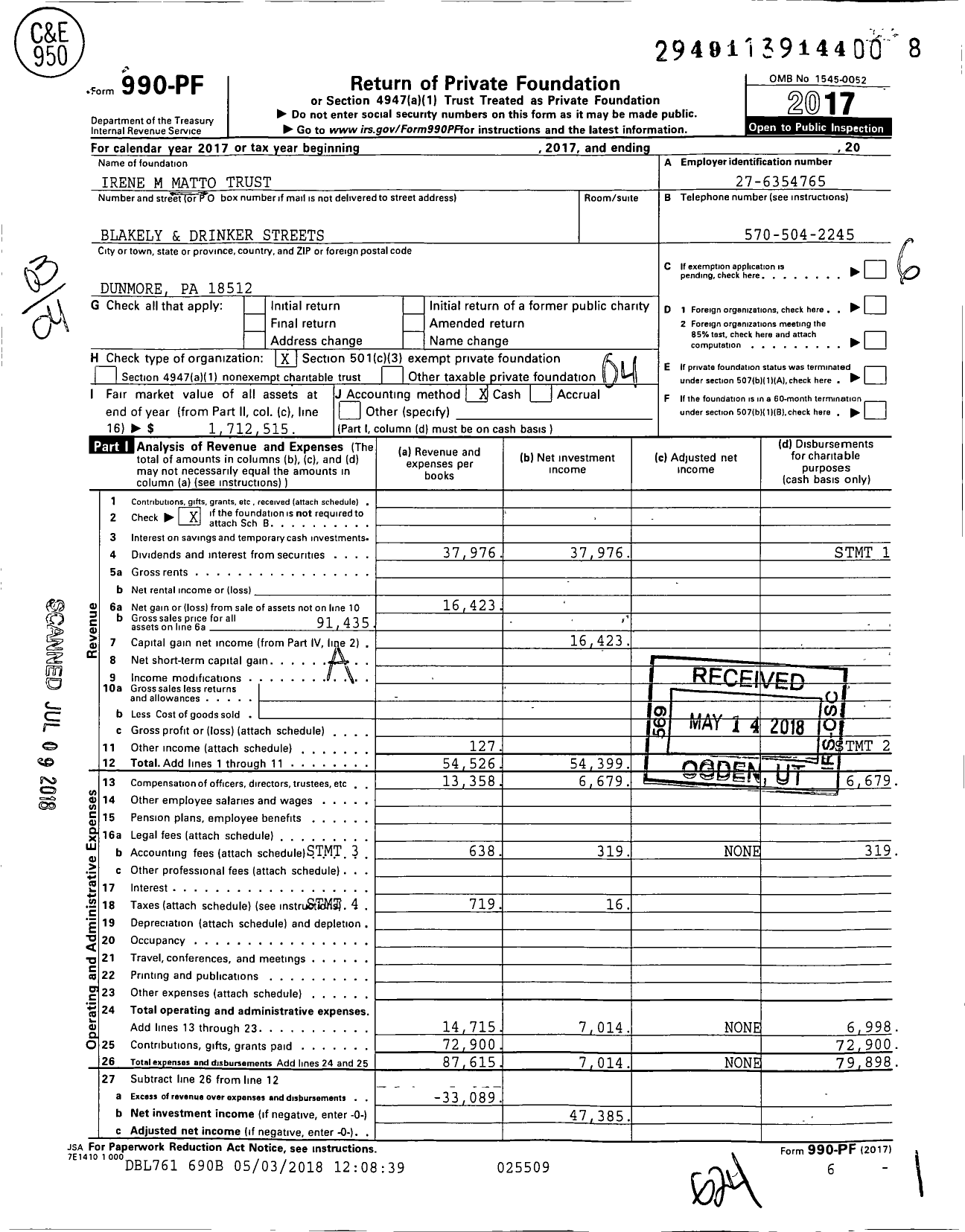 Image of first page of 2017 Form 990PF for Irene M Matto Trust