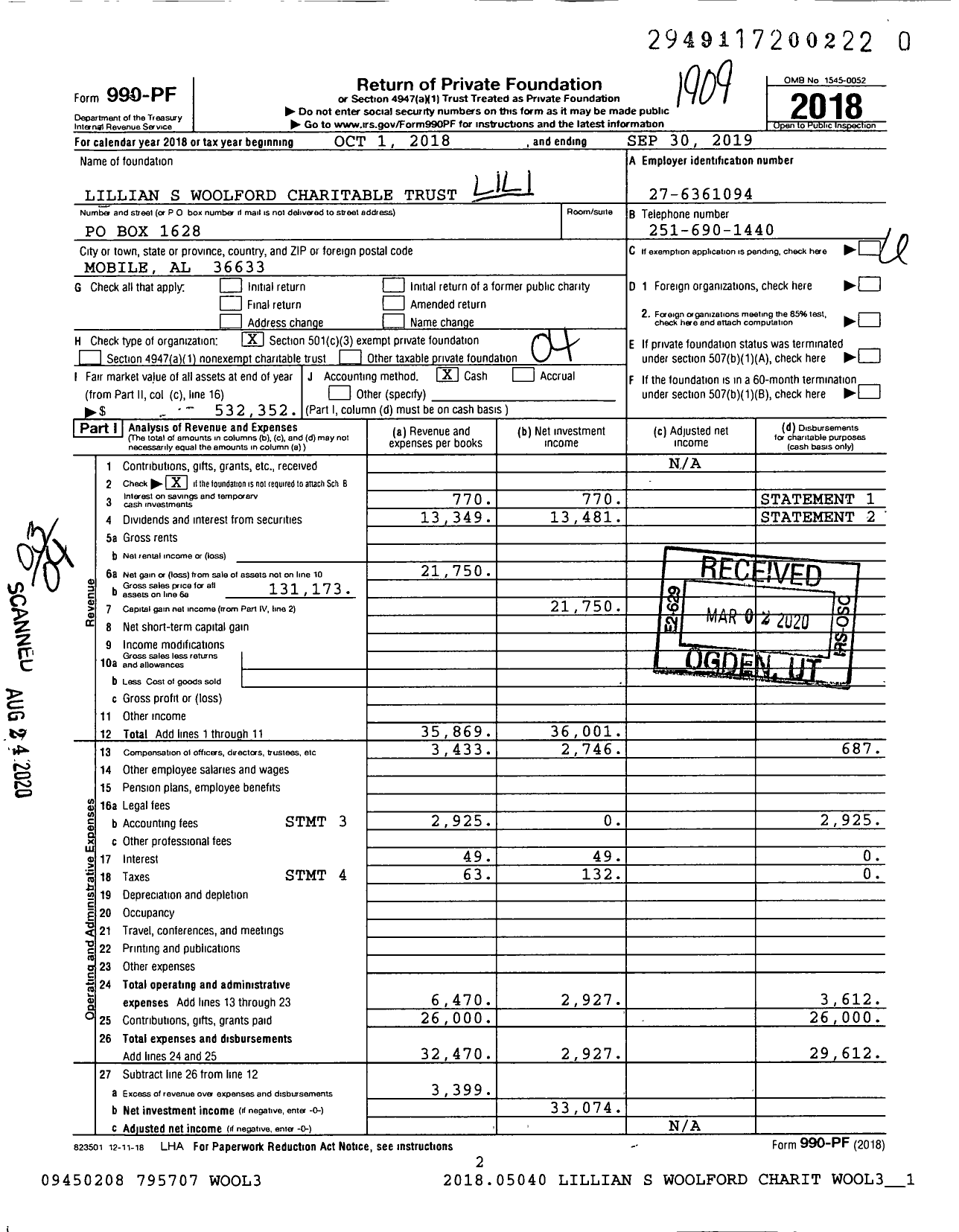 Image of first page of 2018 Form 990PR for Lillian S Woolford Charitable Trust