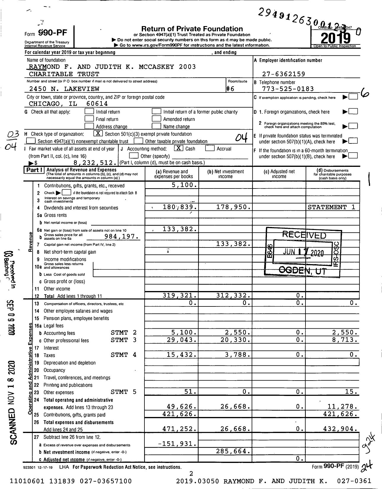 Image of first page of 2019 Form 990PF for Raymond F and Judith K Mccaskey 2003 Charitable Trust