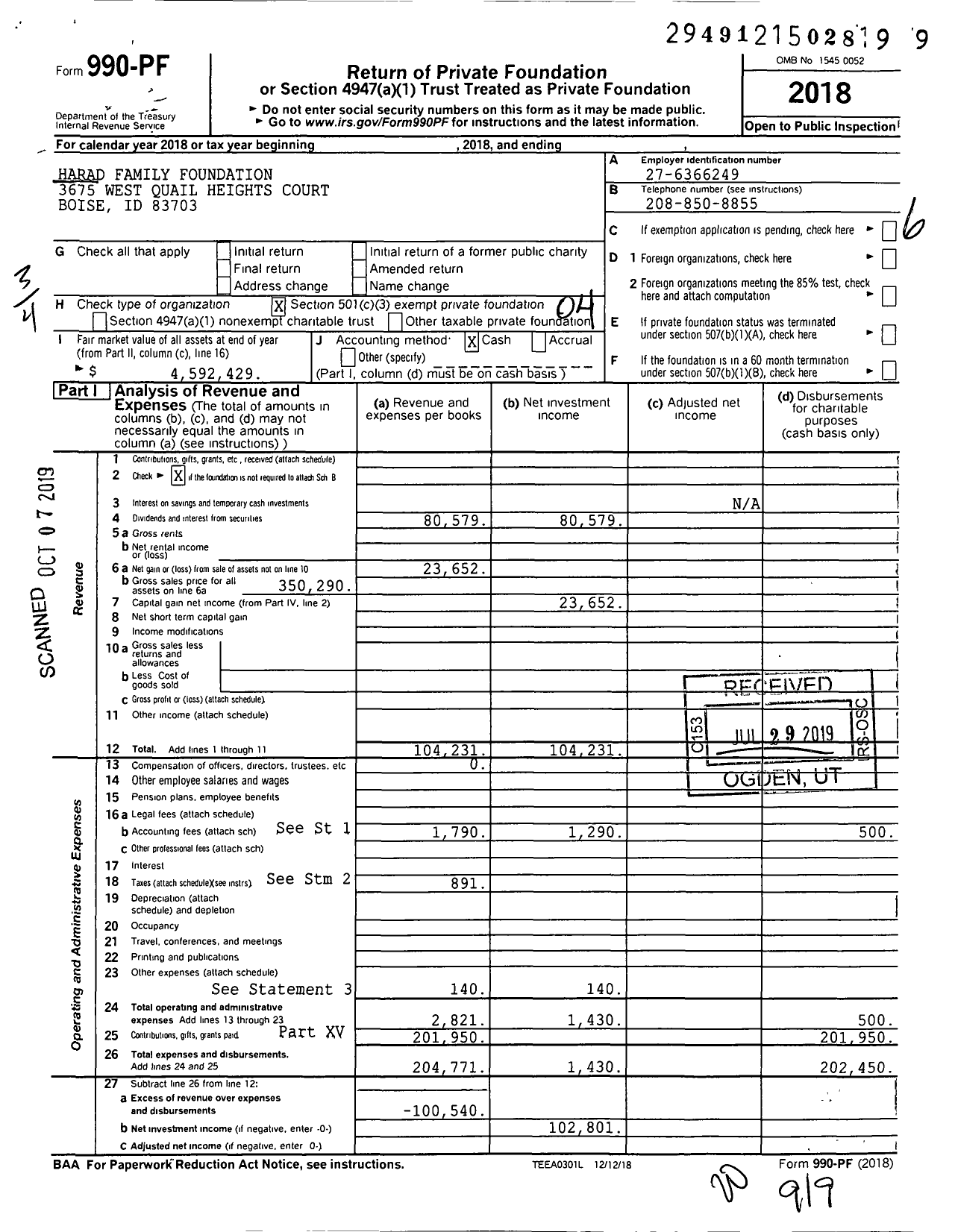 Image of first page of 2018 Form 990PF for Harad Family Foundation