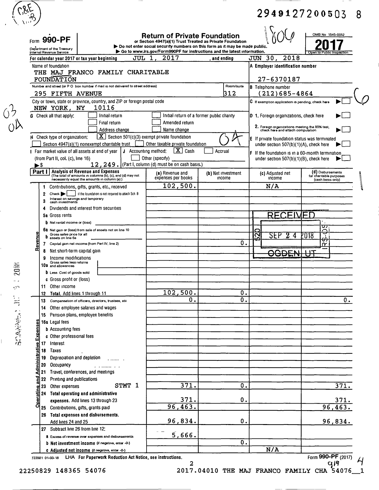 Image of first page of 2017 Form 990PF for The Maj Franco Family Charitable Foundation