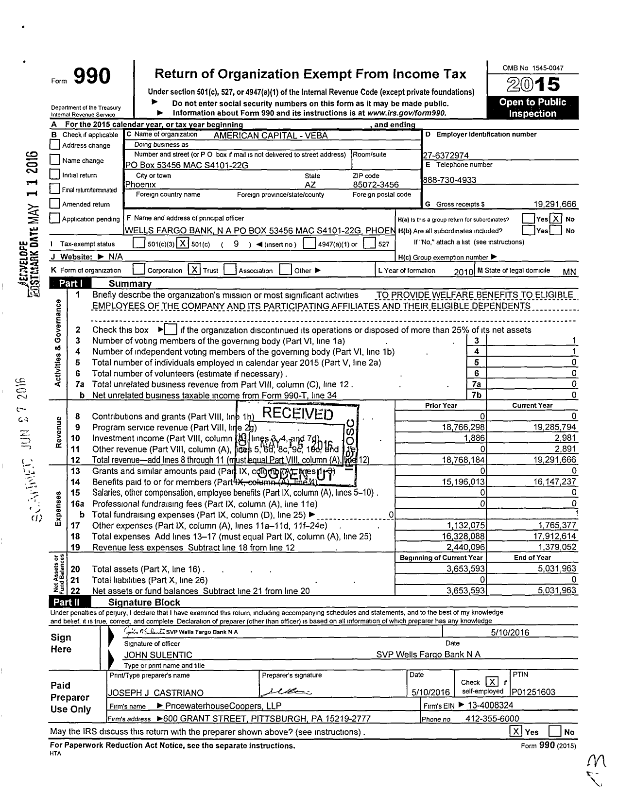 Image of first page of 2015 Form 990O for American Capital - Veba