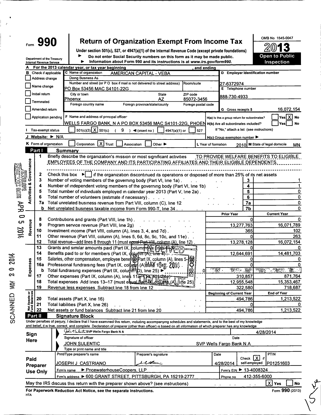 Image of first page of 2013 Form 990O for American Capital - Veba