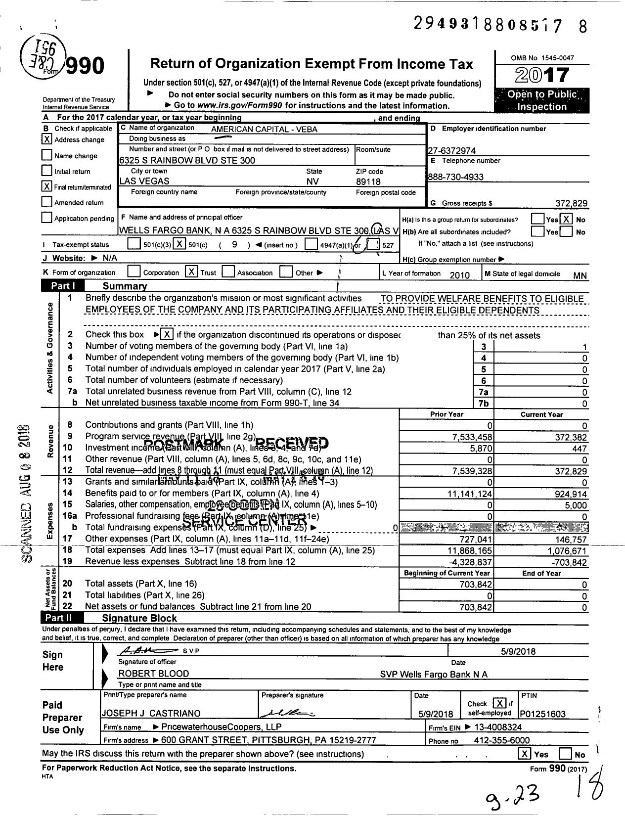 Image of first page of 2017 Form 990O for American Capital - Veba