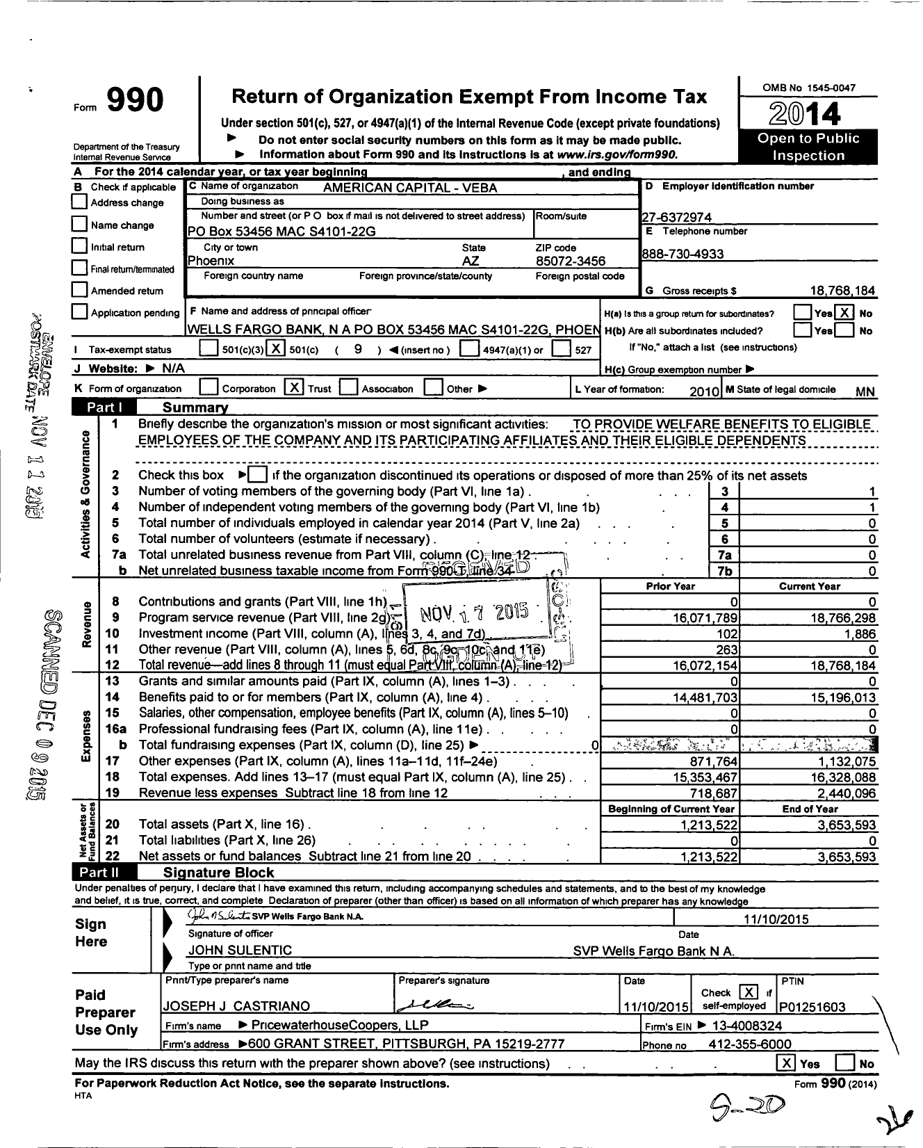 Image of first page of 2014 Form 990O for American Capital - Veba