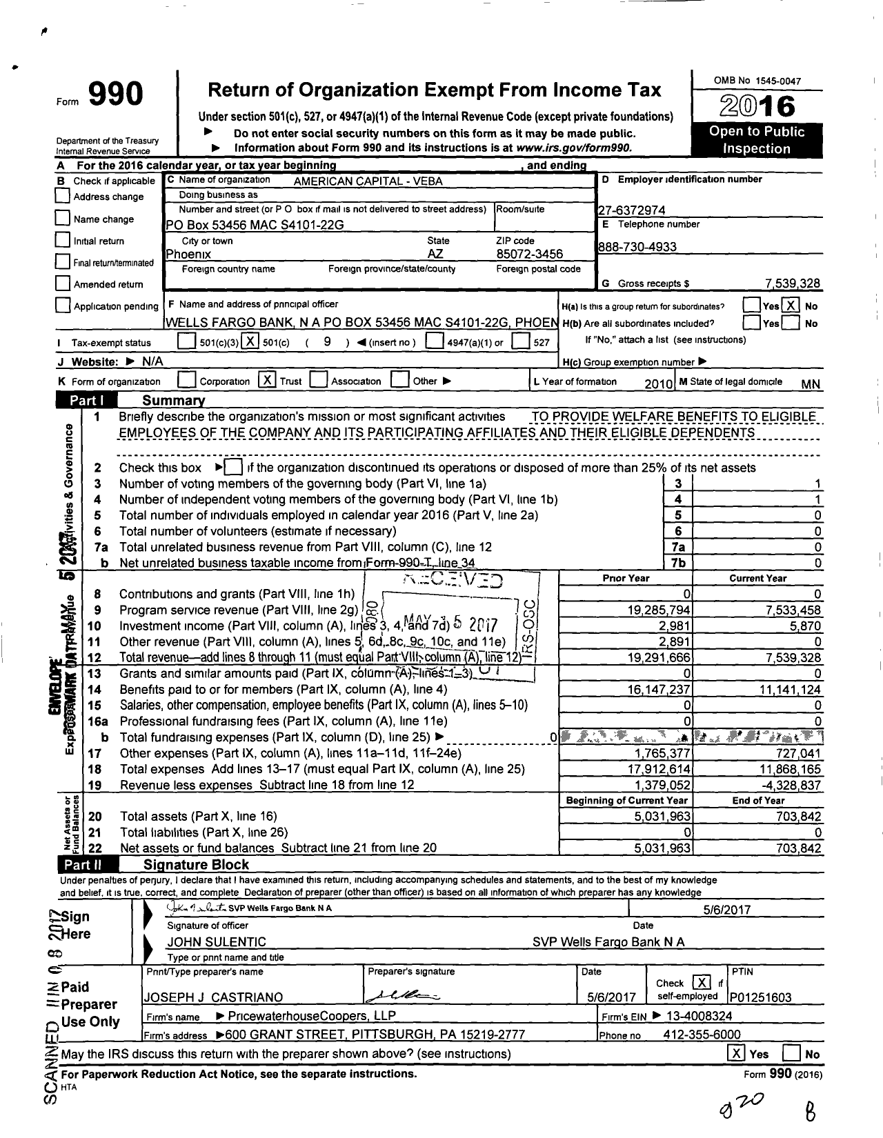 Image of first page of 2016 Form 990O for American Capital - Veba