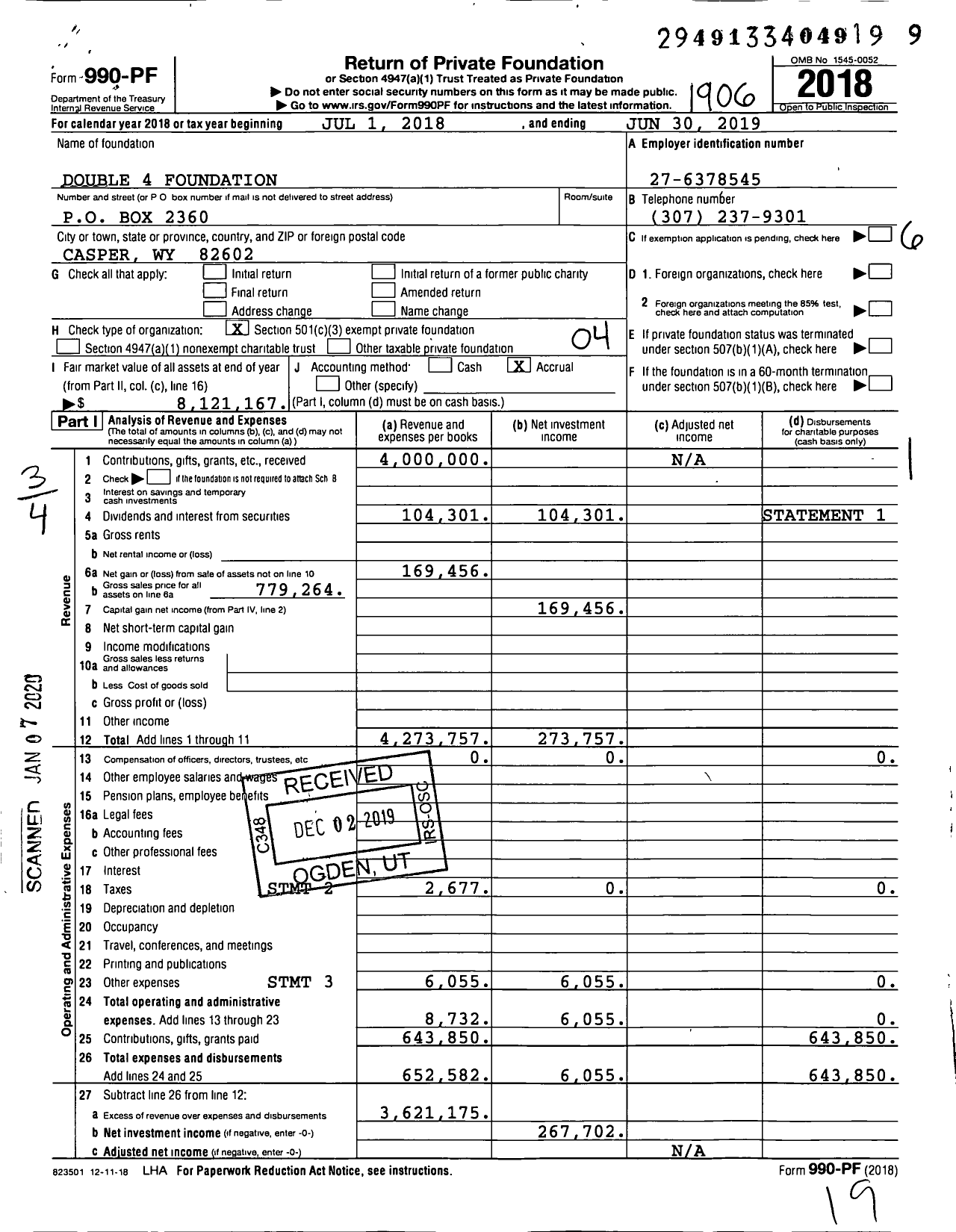 Image of first page of 2018 Form 990PF for Double 4 Foundation