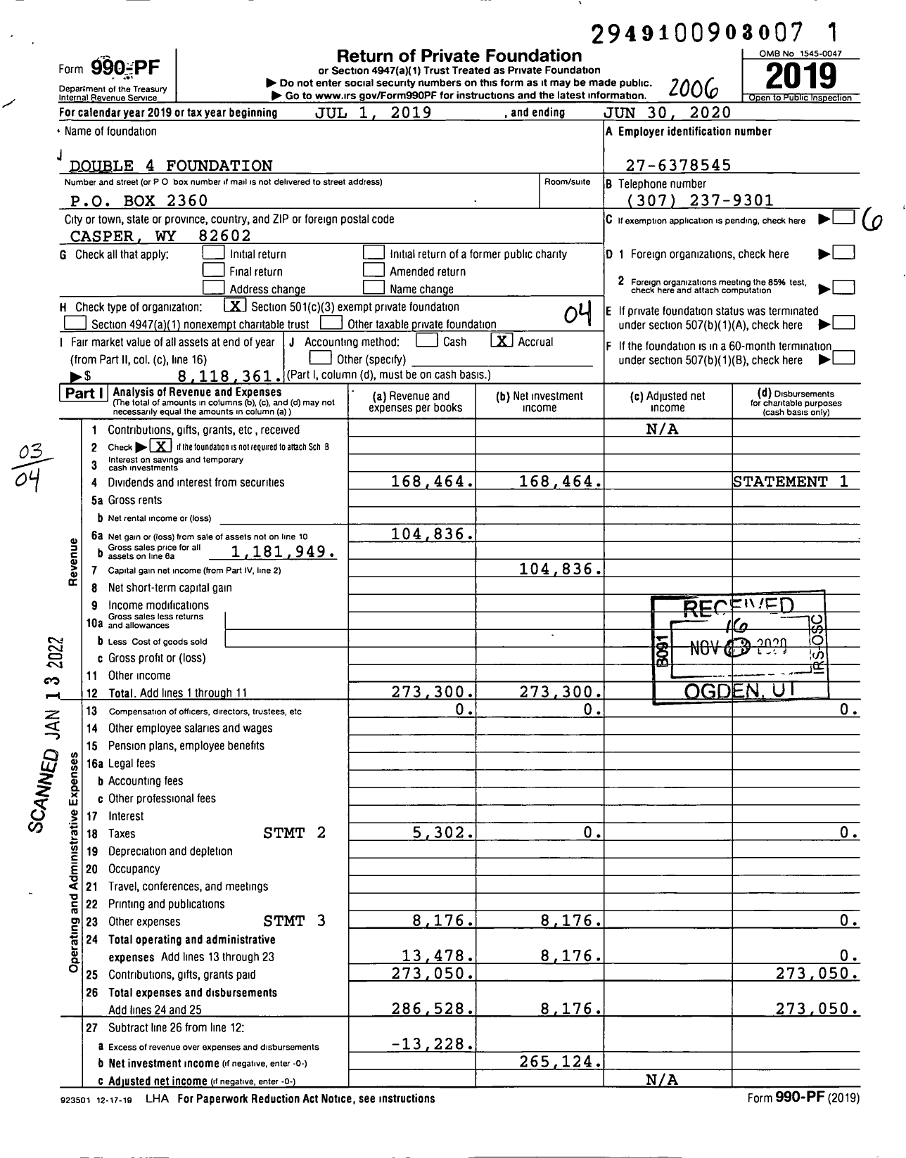 Image of first page of 2019 Form 990PF for Double 4 Foundation