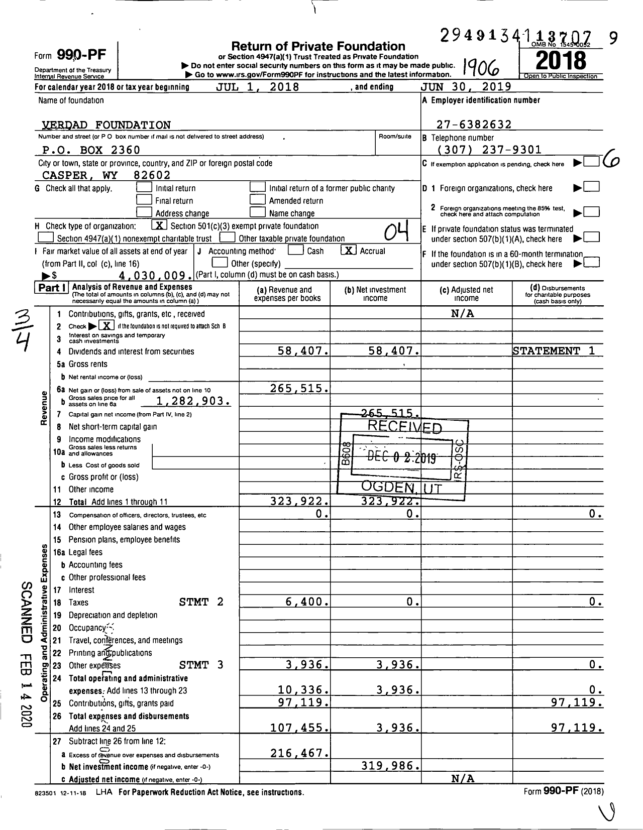 Image of first page of 2018 Form 990PF for Verdad Foundation