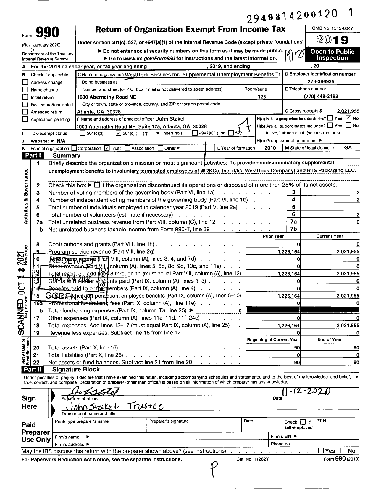 Image of first page of 2019 Form 990O for Westrock Services Supplemental Unemployment Benefits Trust