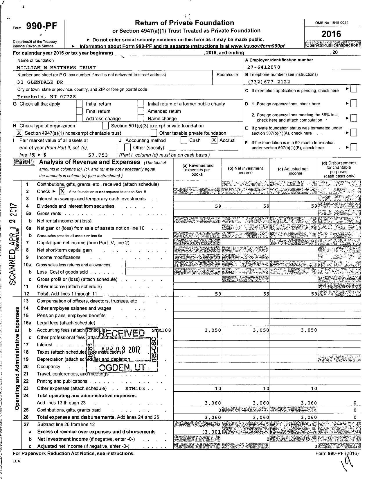 Image of first page of 2016 Form 990PF for William M Matthews Trust