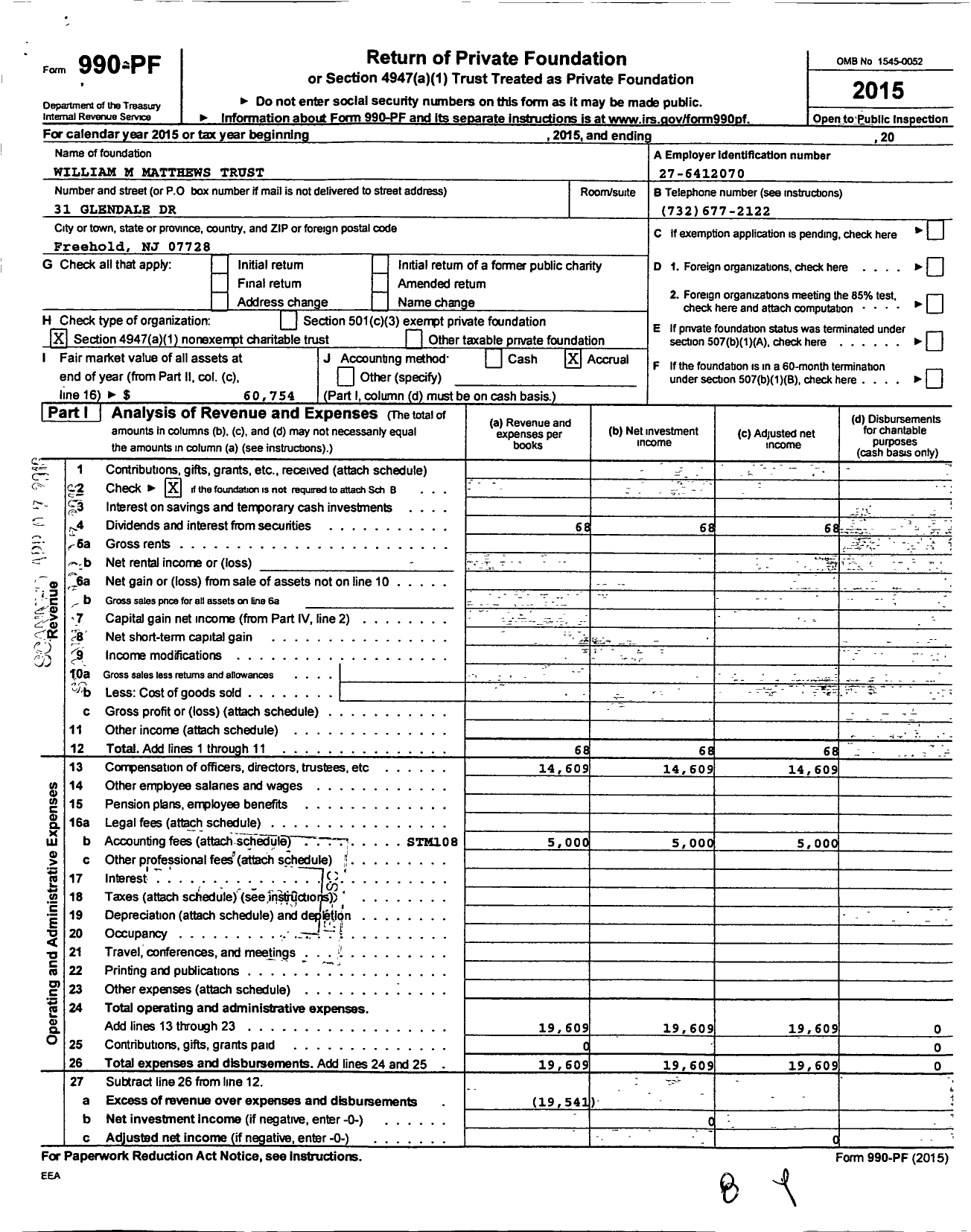 Image of first page of 2015 Form 990PF for William M Matthews Trust