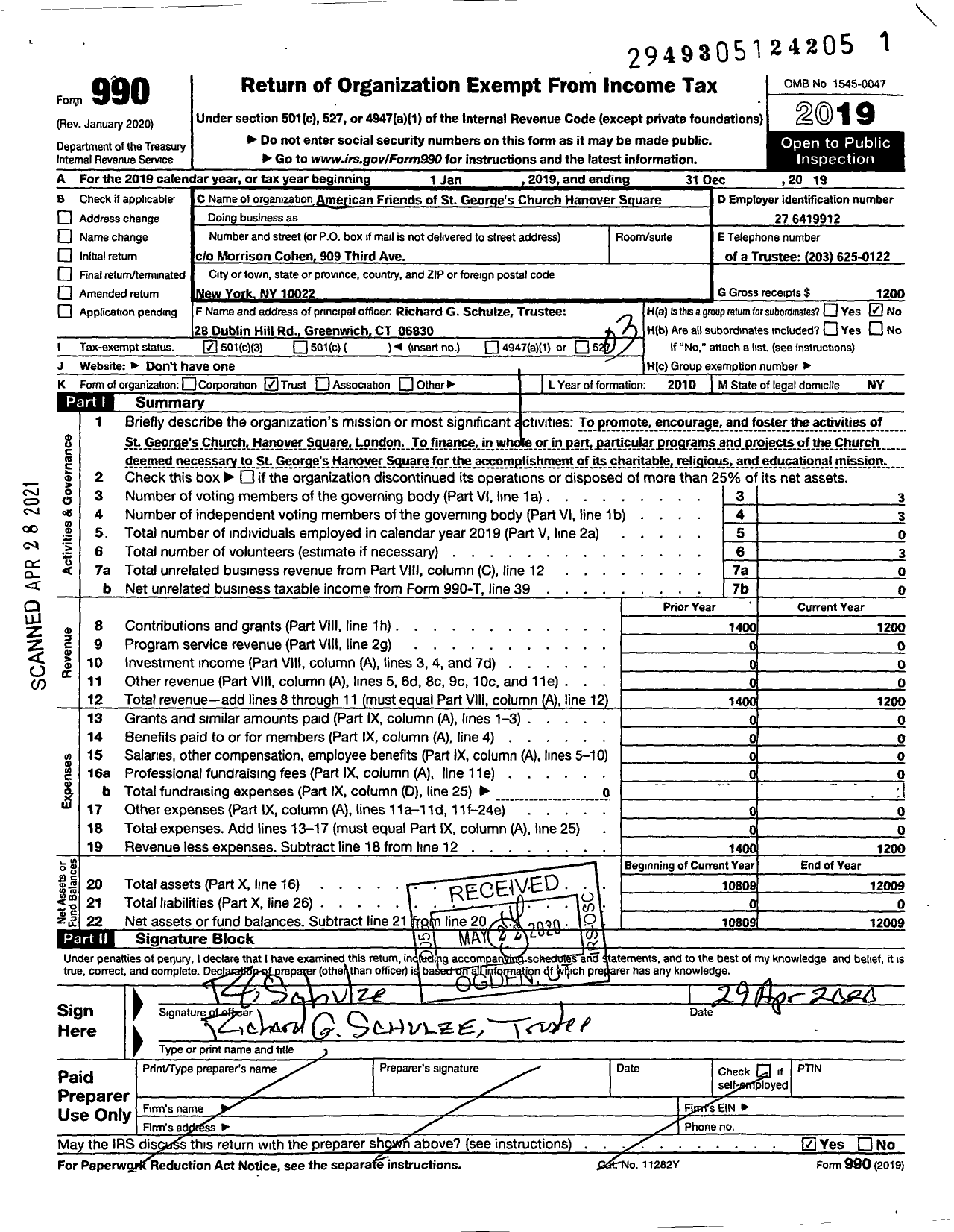 Image of first page of 2019 Form 990 for American Friends of St Georges Church Hanover Square