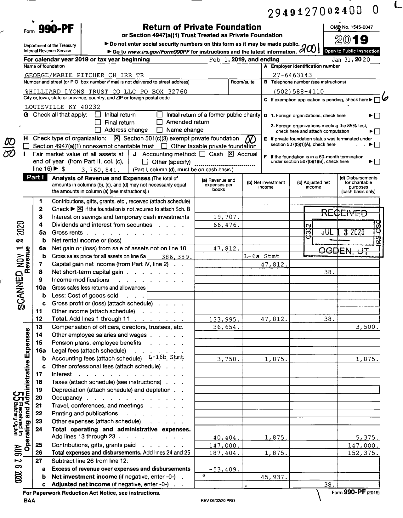 Image of first page of 2019 Form 990PF for George and Marie Buckner Pitcher Charitable Trust