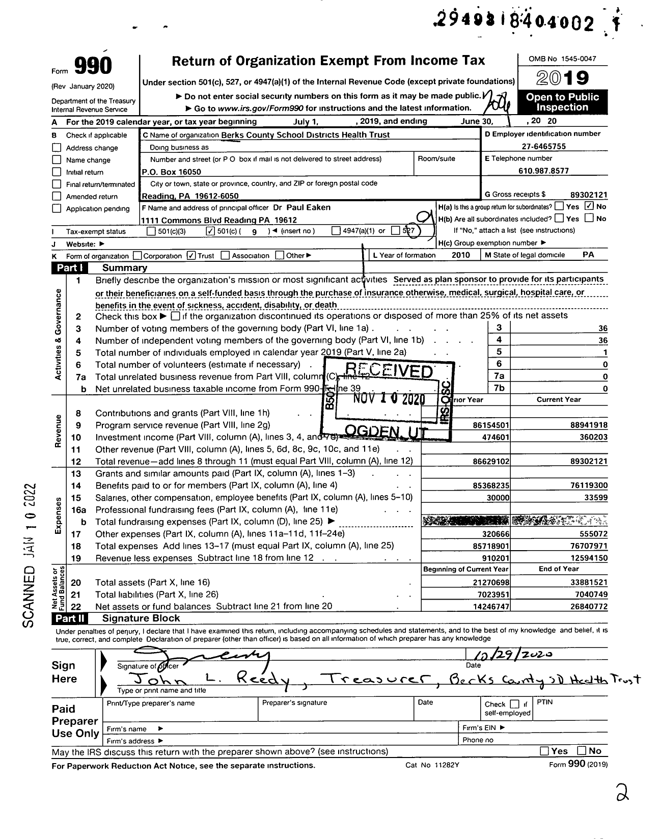 Image of first page of 2019 Form 990O for Berks County School Districts Health Trust