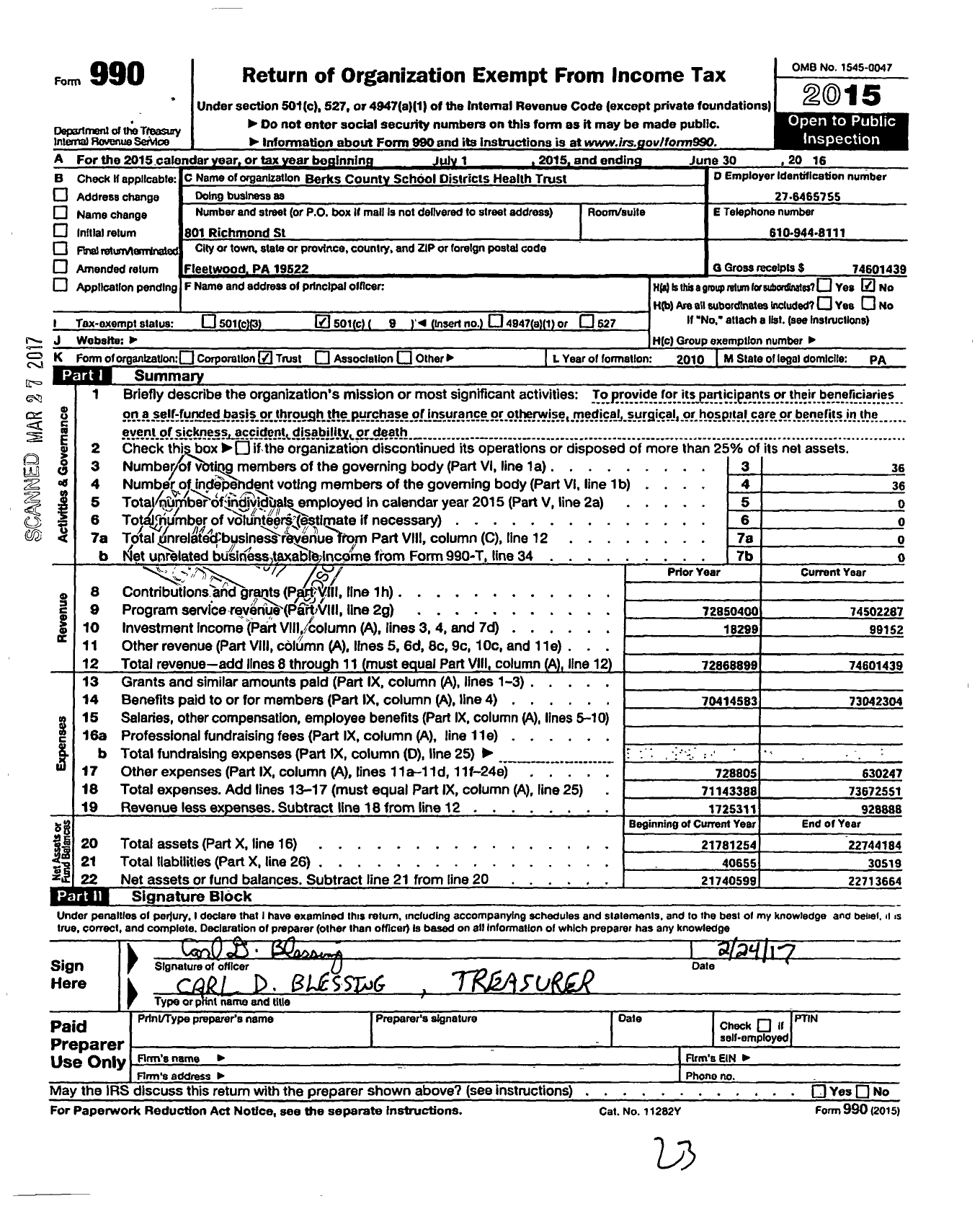 Image of first page of 2015 Form 990O for Berks County School Districts Health Trust