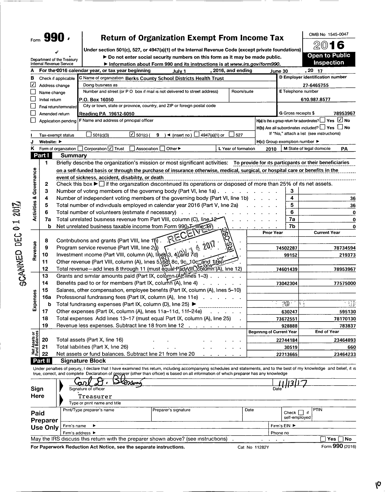 Image of first page of 2016 Form 990O for Berks County School Districts Health Trust