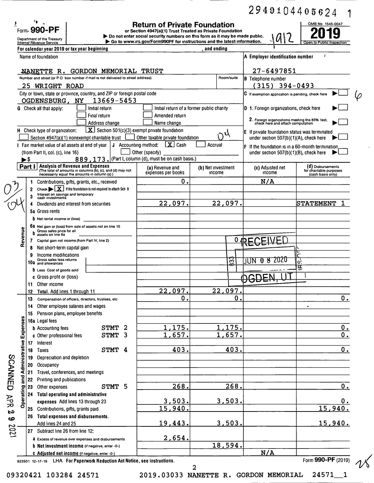 Image of first page of 2019 Form 990PF for Nanette R Gordon Memorial Trust