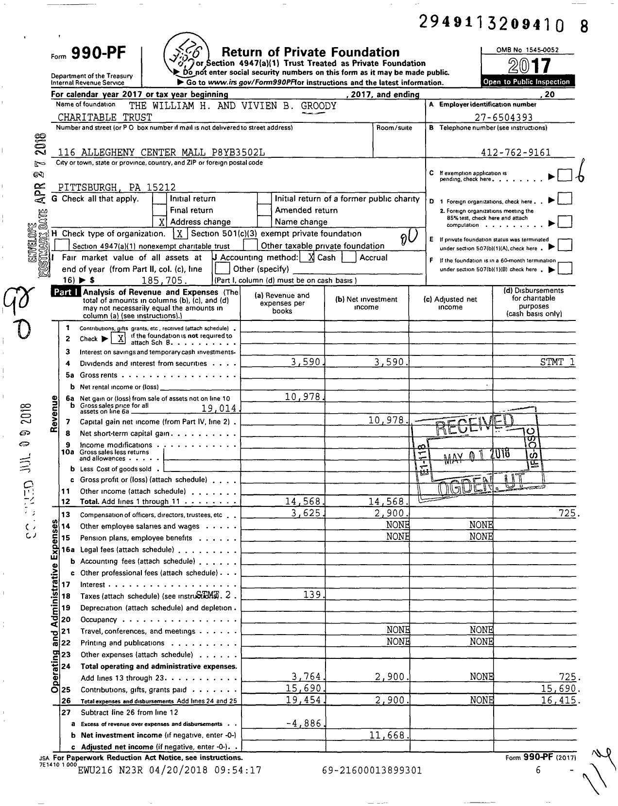 Image of first page of 2017 Form 990PF for W H and V B Groody Charitable Trust