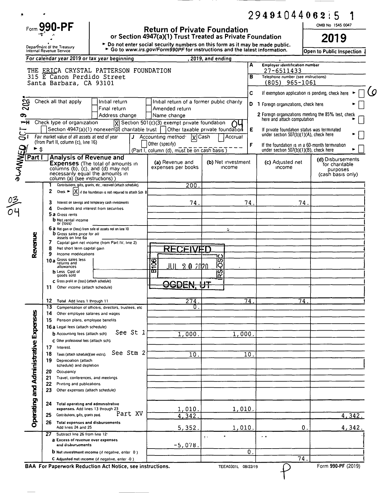 Image of first page of 2019 Form 990PF for The Erica Crystal Patterson Foundation