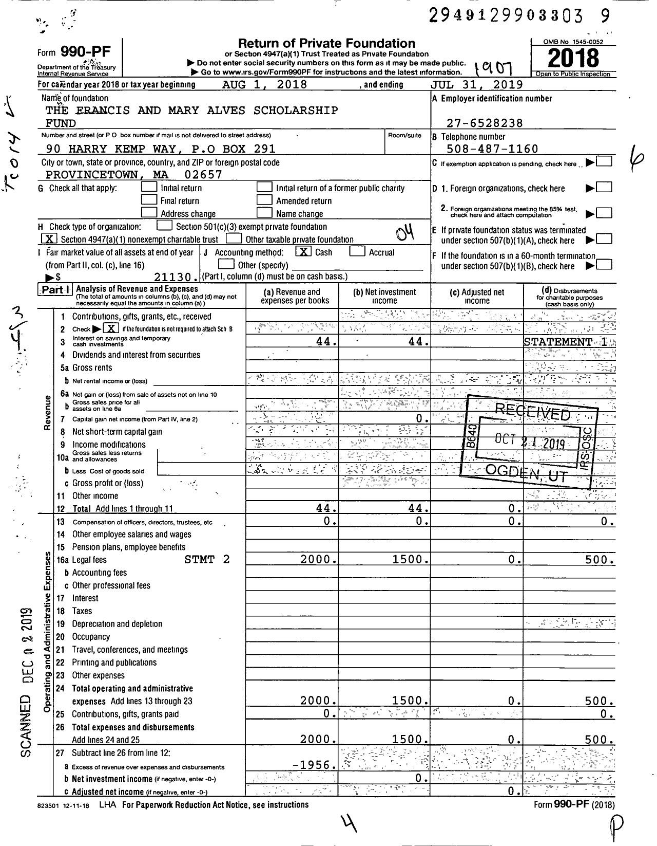 Image of first page of 2018 Form 990PF for The Francis and Mary Alves Scholarship Fund