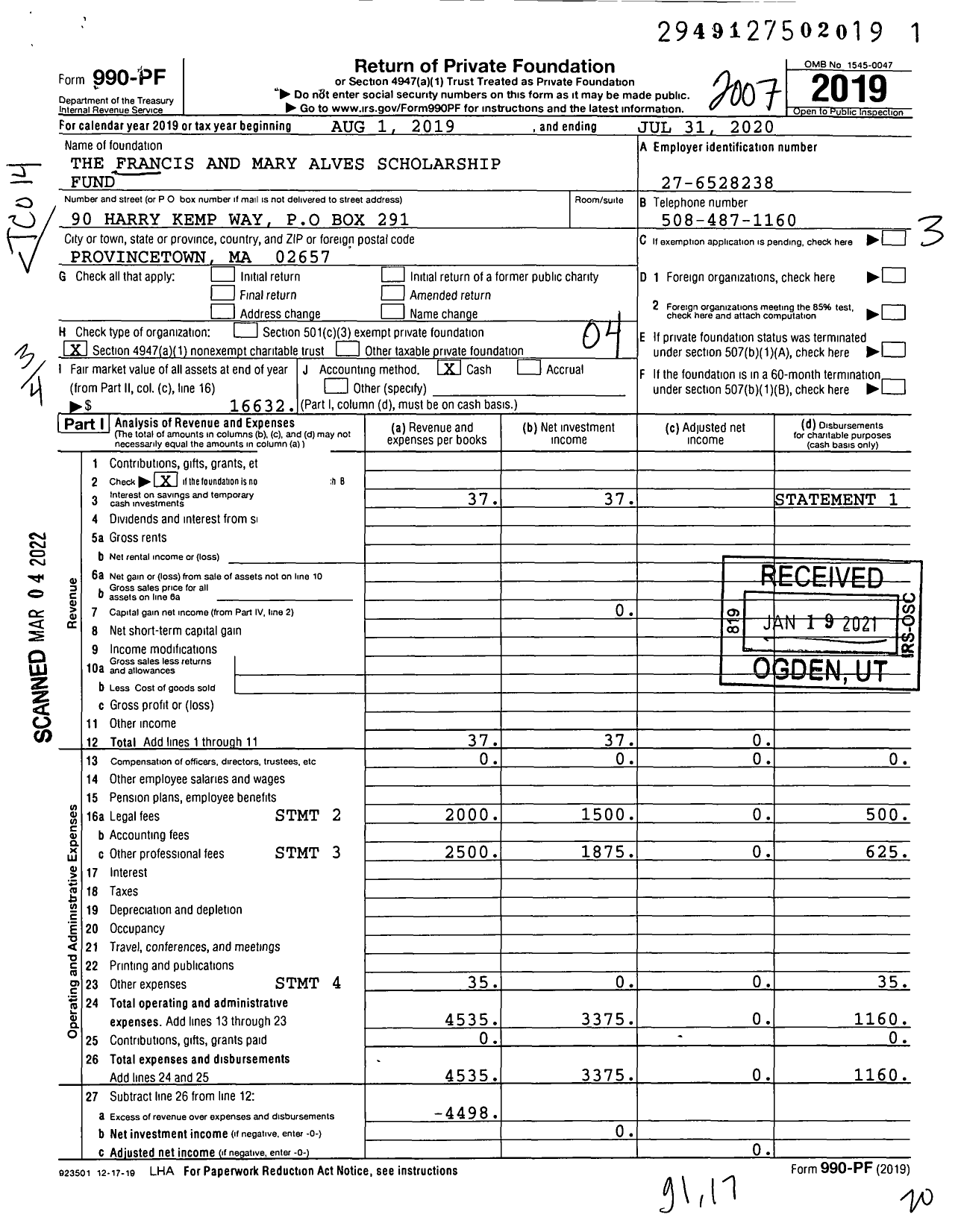 Image of first page of 2019 Form 990PF for The Francis and Mary Alves Scholarship Fund