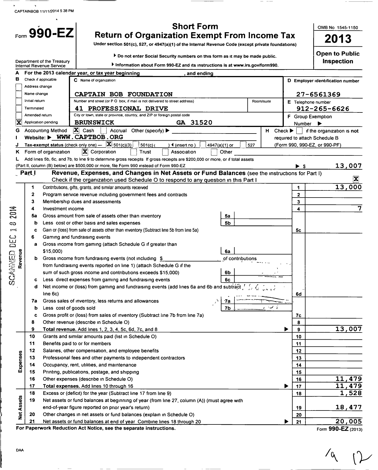 Image of first page of 2013 Form 990EZ for Captain Bob Foundation