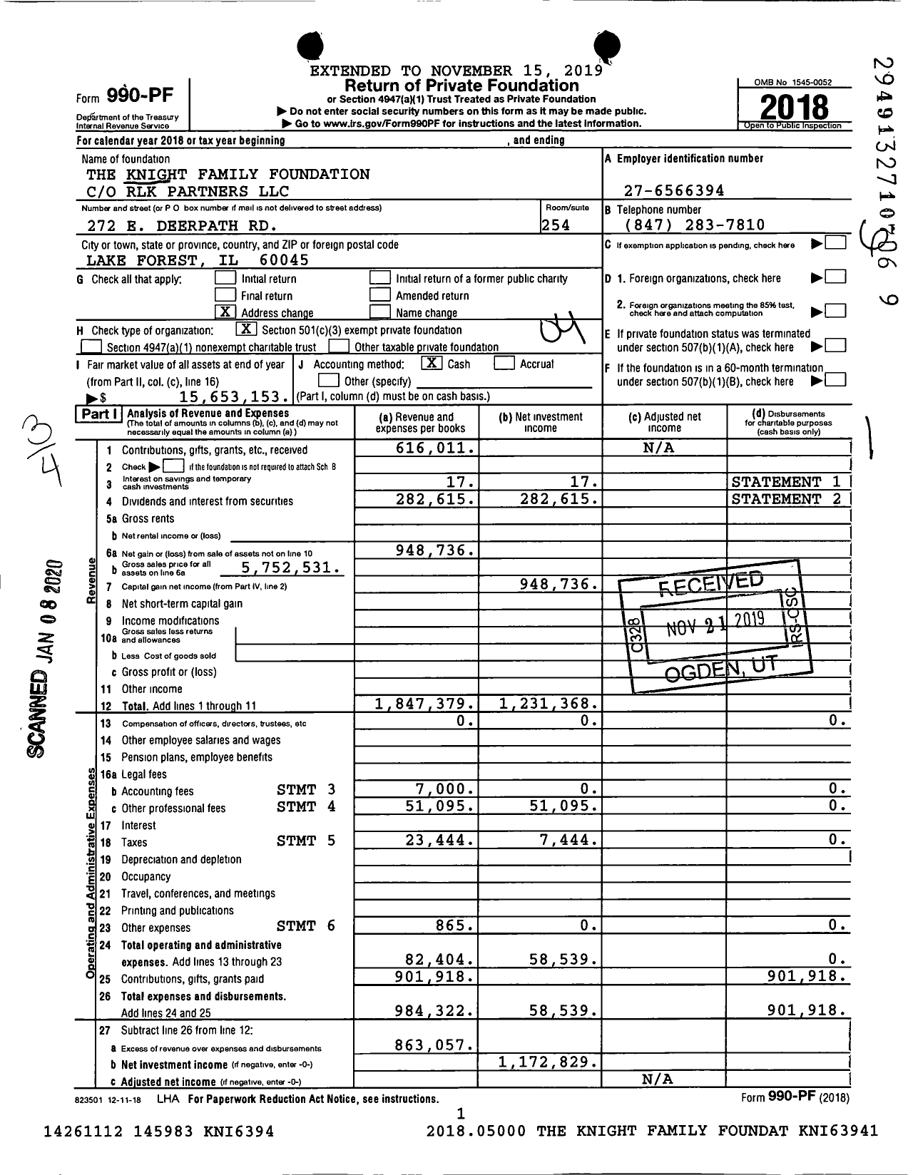 Image of first page of 2018 Form 990PF for The Knight Family Foundation