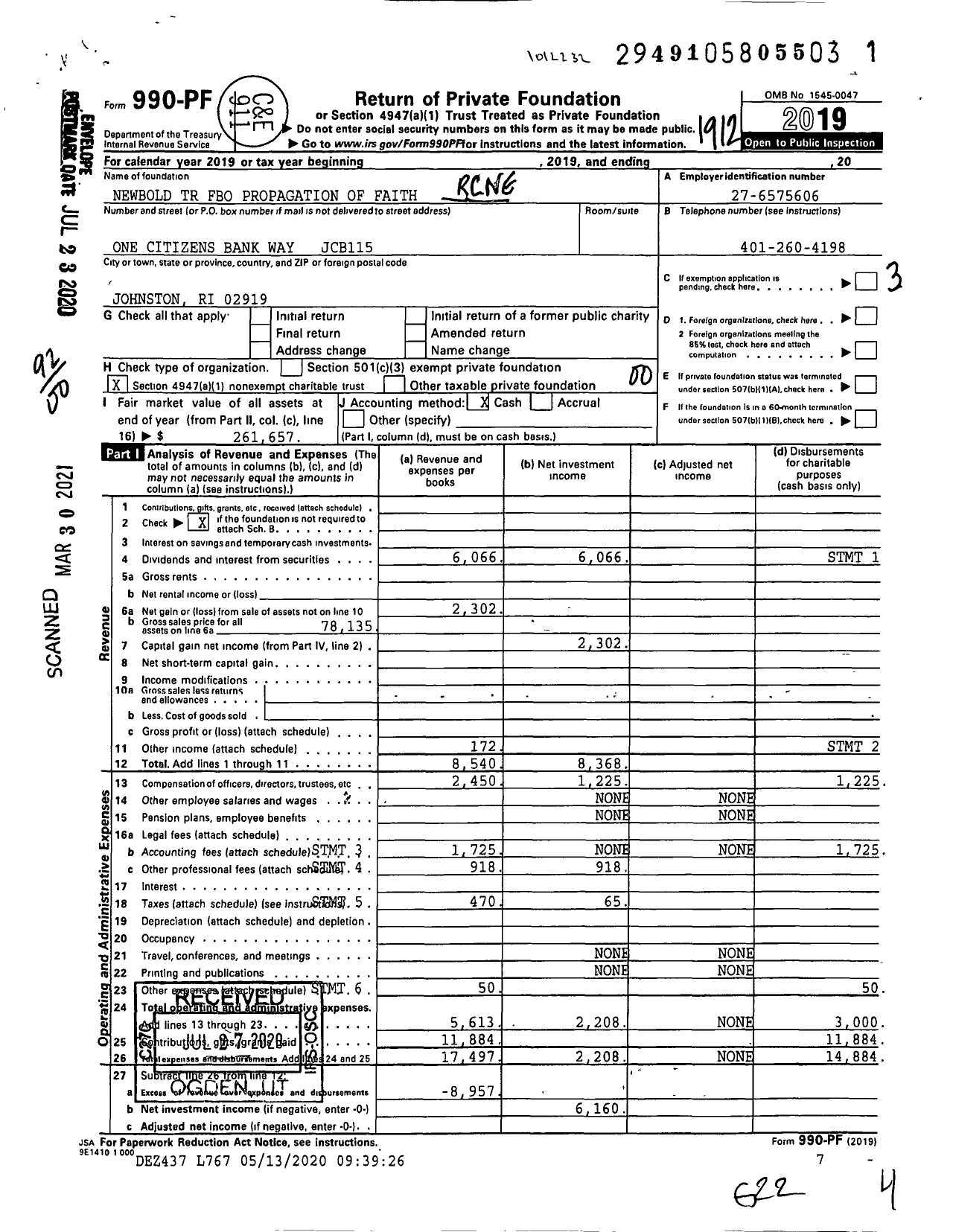 Image of first page of 2019 Form 990PF for Newbold TR Fbo Propagation of Faith