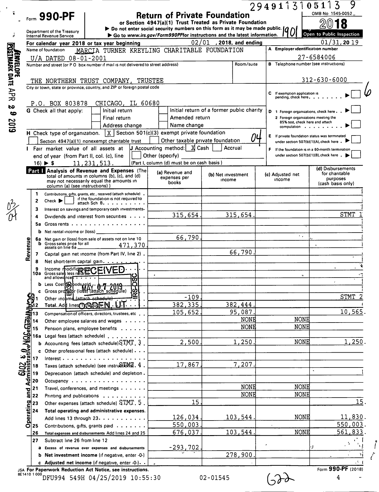 Image of first page of 2018 Form 990PF for Marcia Turner Kreyling Charitable Foundation