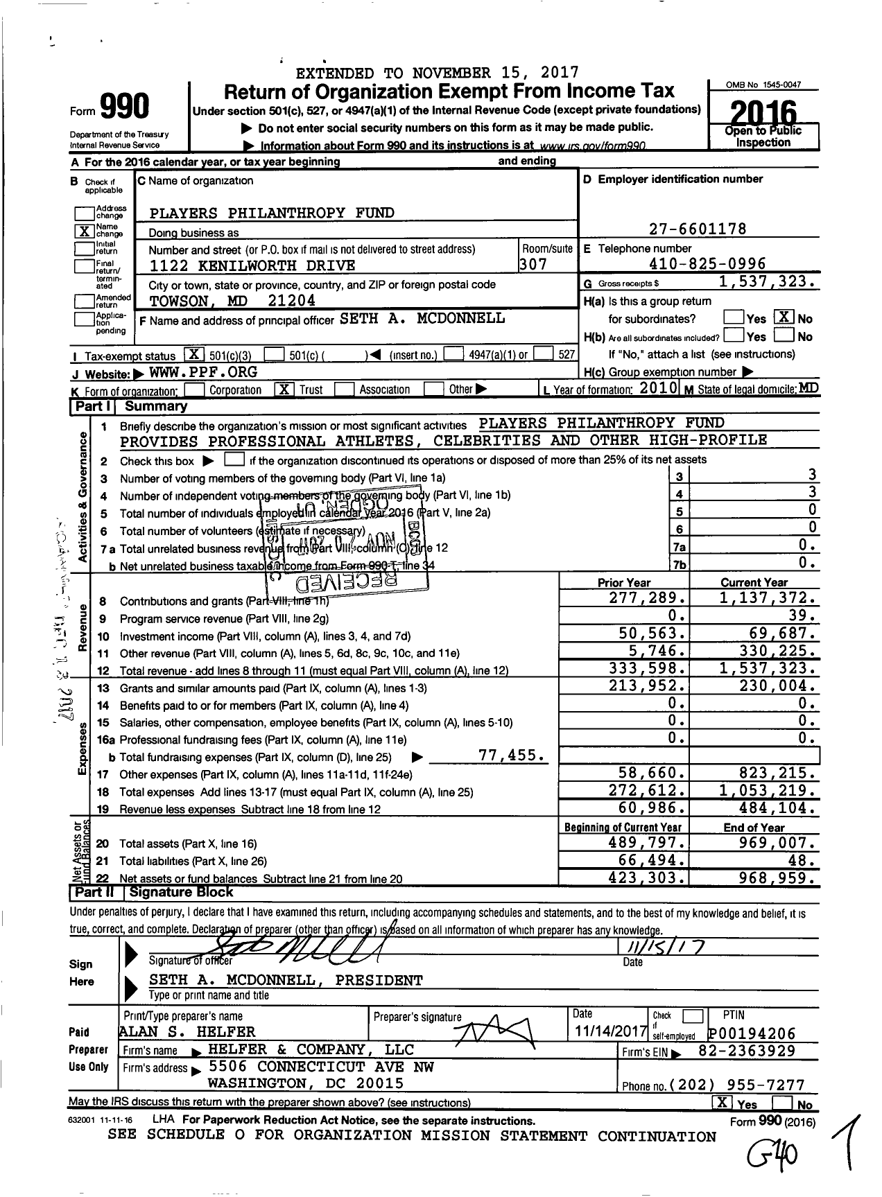 Image of first page of 2016 Form 990 for Players Philanthropy Fund
